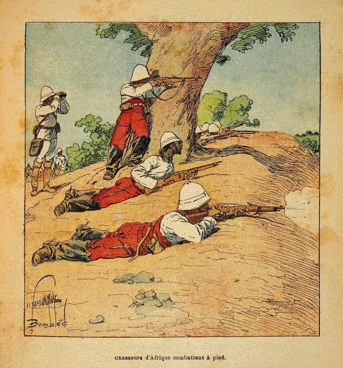 Válka na Madagaskaru - neoficiální historie francouzských expedic 1885-1895 od Henri Galli dit Galllichet (1854-1922), ilustrované Louisem Bombledem (1862-1927): Lovci Afriky bojující pěšky na Madagaskaru v roce 1895, Soukromá sbírka od Louis Charles Bombled
