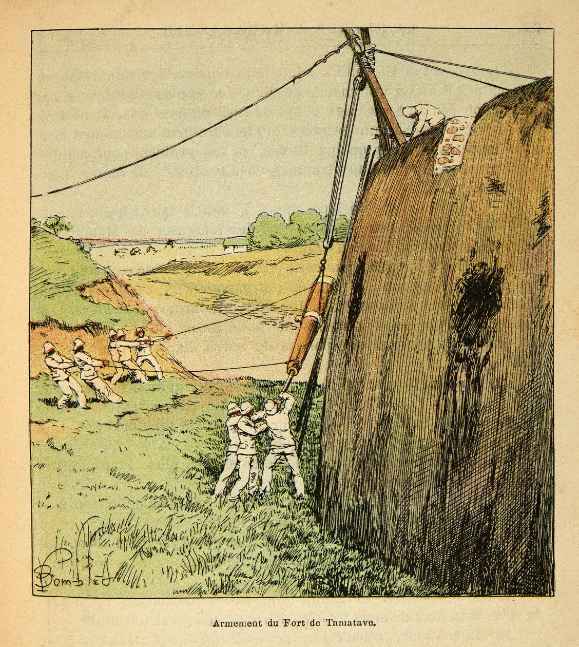 Válka na Madagaskaru – neoficiální historie francouzských expedic v letech 1885-1895 od Henri Galli dit Galllichet (1854-1922), ilustrované Louisem Bombledem (1862-1927): Ozbrojení pevnosti Tamatave francouzskými jednotkami v roce 1895, Soukromá sbírka od Louis Charles Bombled