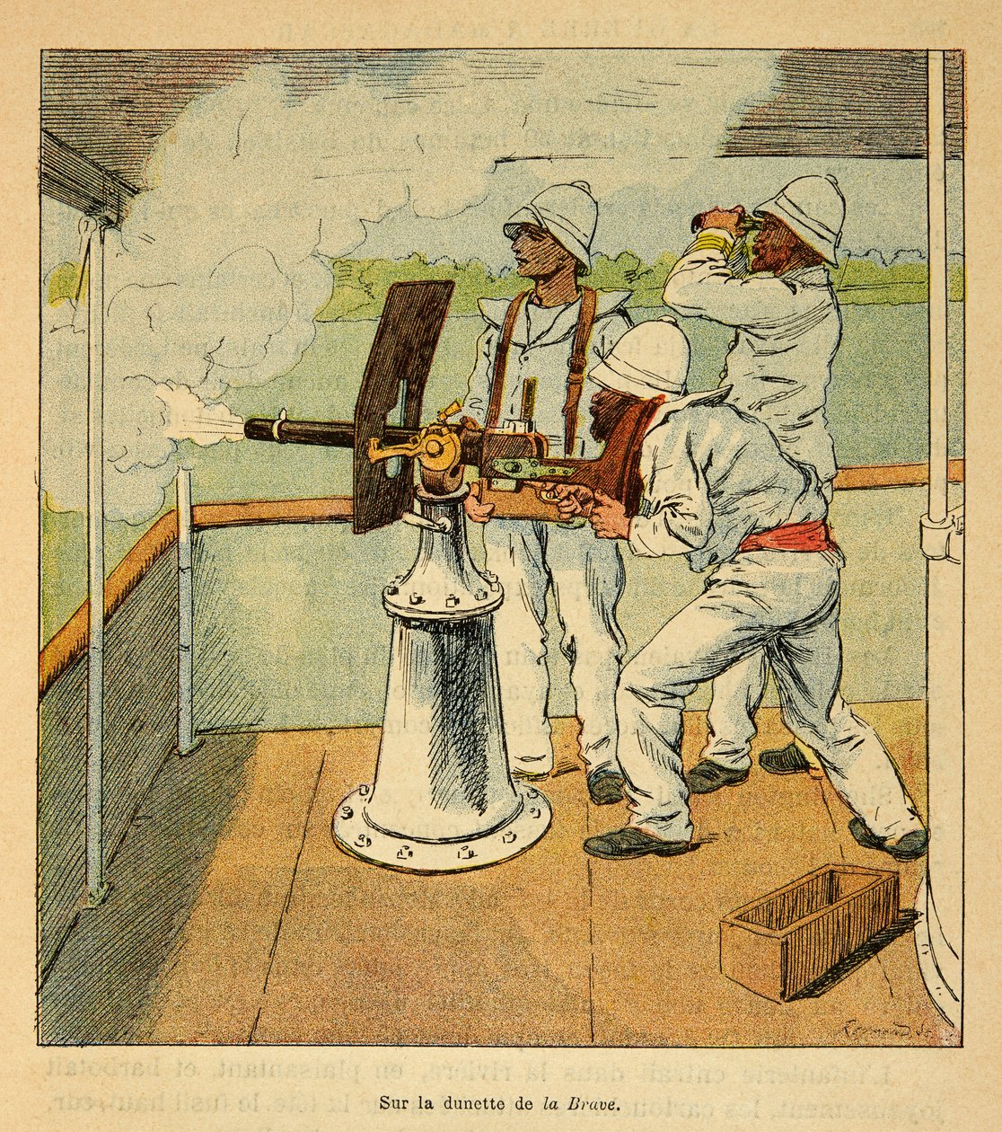 Válka na Madagaskaru – neoficiální historie francouzských expedic 1885-1895 od Henri Galli dit Galllichet (1854-1922), ilustrované Louisem Bombledem (1862-1927): Dělo střílené na Hovas na palubě canoniere „“ La Brave „“ v roce 1895, Soukromá sbírka od Louis Charles Bombled