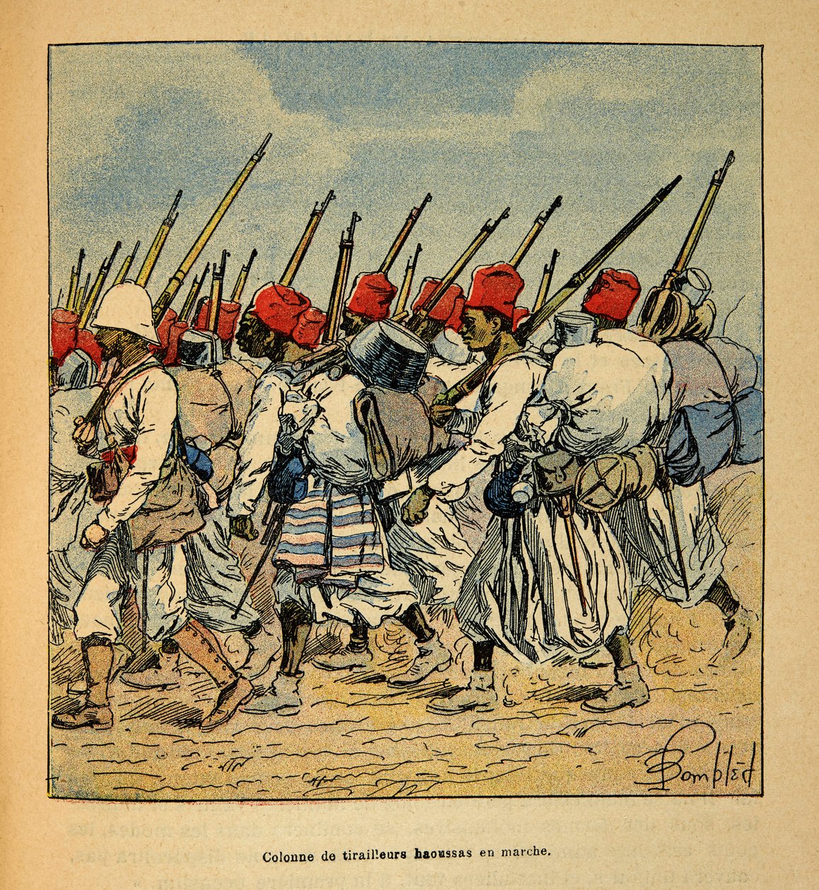 Válka na Madagaskaru - neoficiální historie francouzských expedic 1885-1895 od Henri Galli dit Galllichet (1854-1922), ilustrované Louisem Bombledem (1862-1927): Sloup Haoussas Tirailleurs pochodující v roce 1895, Soukromá sbírka od Louis Charles Bombled