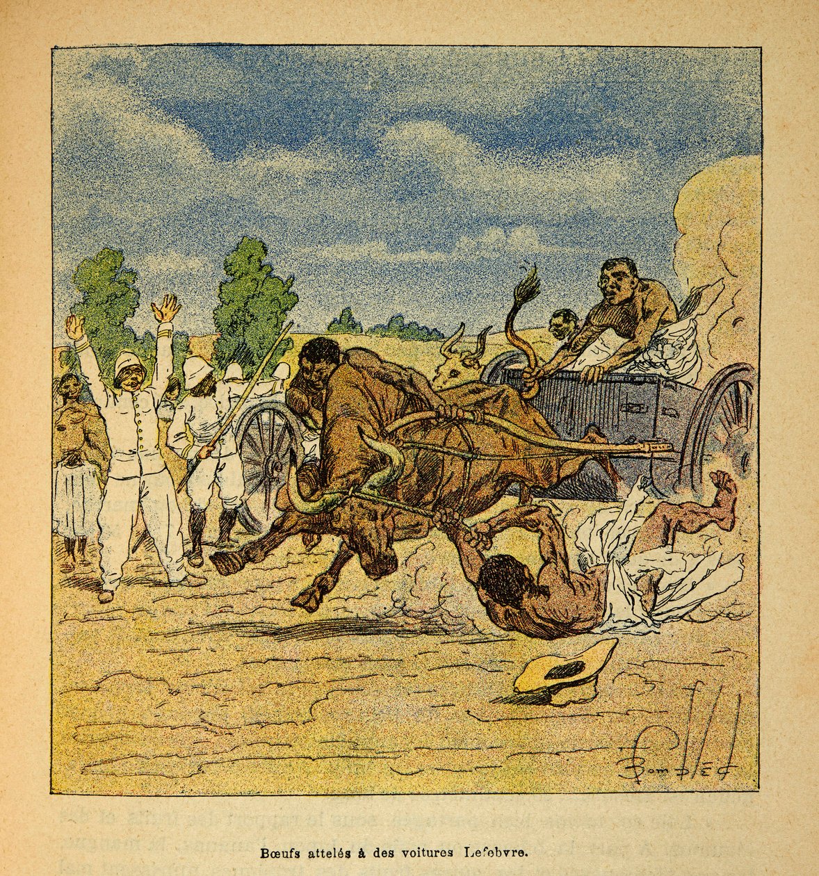 Válka na Madagaskaru - neoficiální historie francouzských expedic 1885-1895 od Henri Galli dit Galllichet (1854-1922), ilustrované Louisem Bombledem (1862-1927): Boeufs dosažené auty Lefebvre, Soukromá sbírka od Louis Charles Bombled
