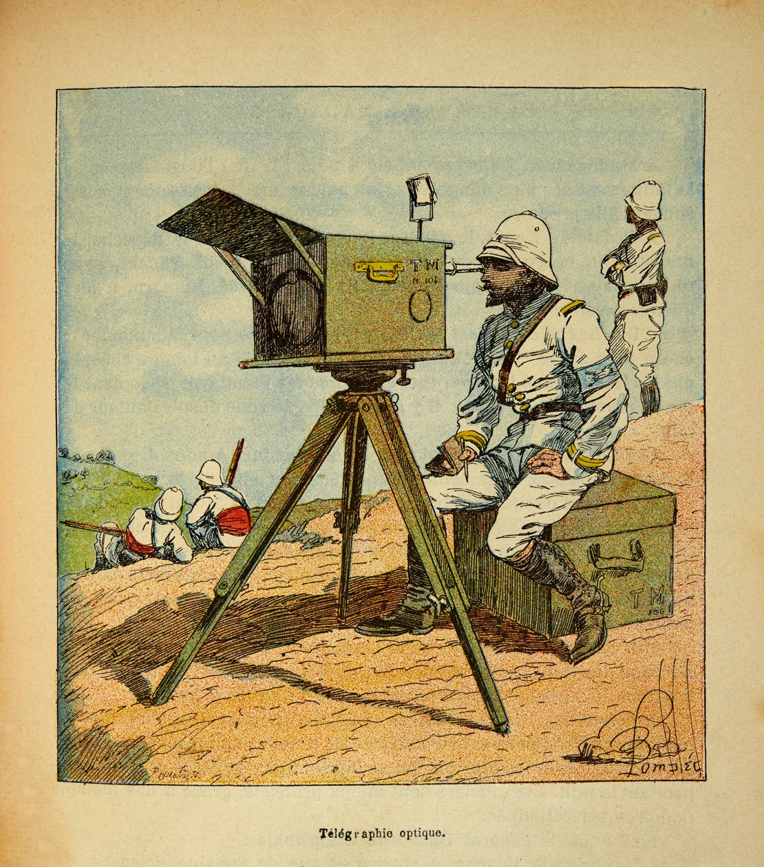 Válka na Madagaskaru - neoficiální historie francouzských expedic 1885-1895 od Henri Galli dit Galllichet (1854-1922), ilustrovaná Louisem Bombledem (1862-1927): Optická telegrafie v roce 1895, soukromá sbírka od Louis Charles Bombled