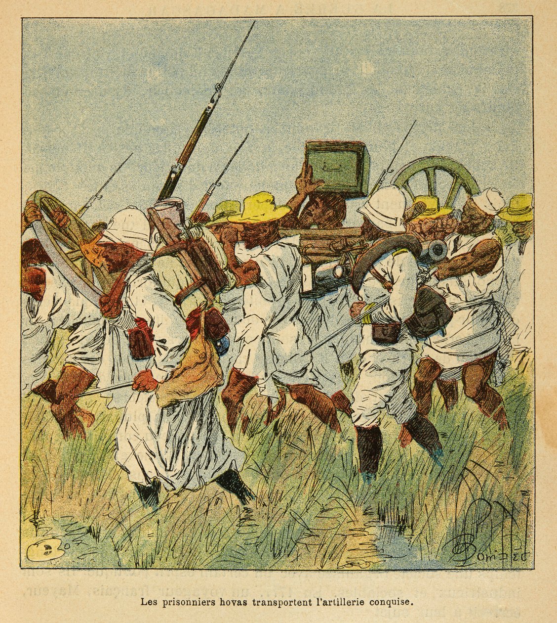 Válka na Madagaskaru – neoficiální historie francouzských expedic z let 1885-1895 od Henri Galli dit Galllichet (1854-1922), ilustrované Louisem Bombledem (1862-1927): Vězni Hovasovi přepravovali kusy dělostřelectva, soukromá sbírka od Louis Charles Bombled