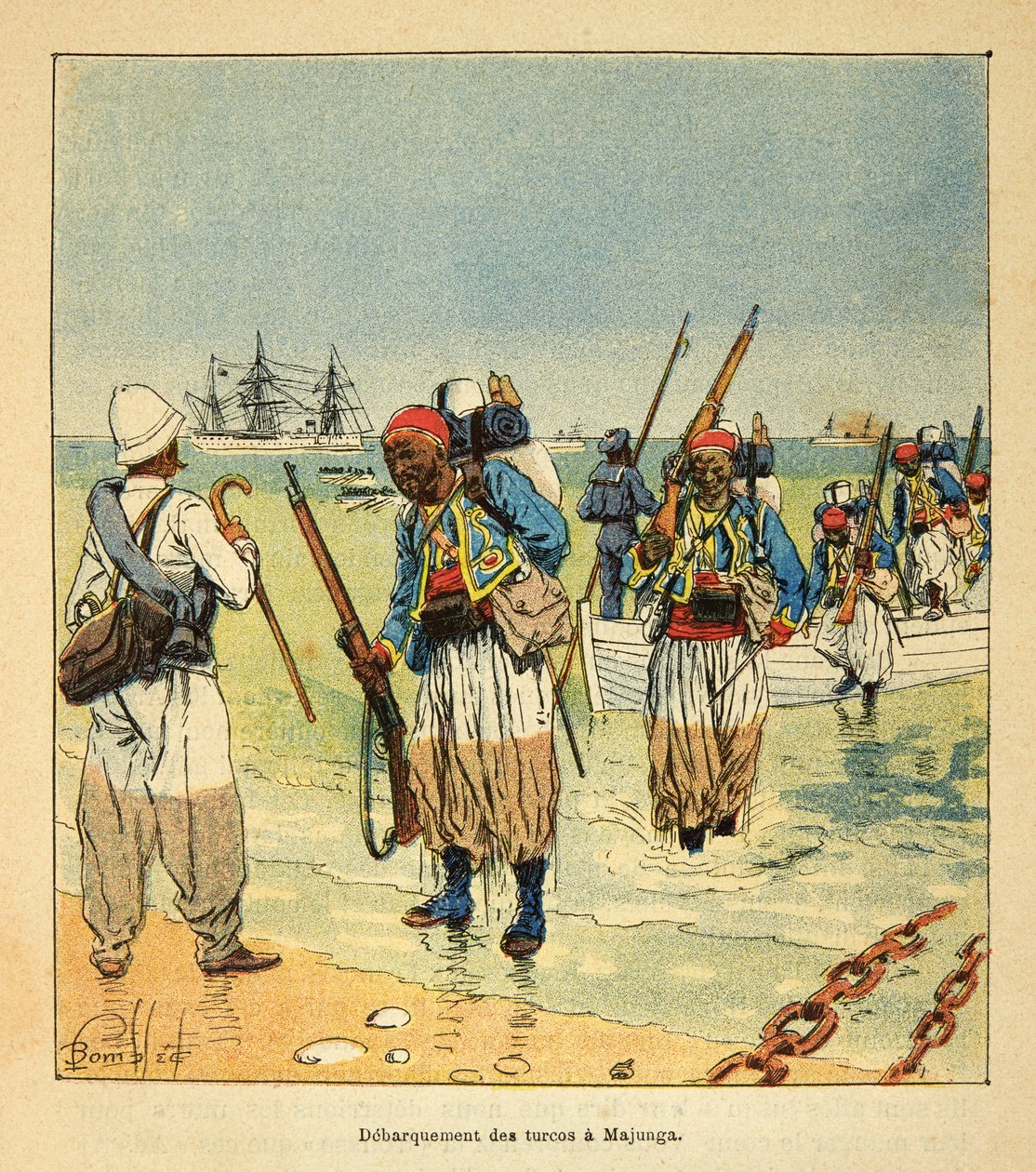 Válka na Madagaskaru - neoficiální historie francouzských expedic 1885-1895 od Henri Galli dit Galllichet (1854-1922), ilustrované Louisem Bombledem (1862-1927): Debarquement des Turcos a Majunga, Soukromá sbírka od Louis Charles Bombled