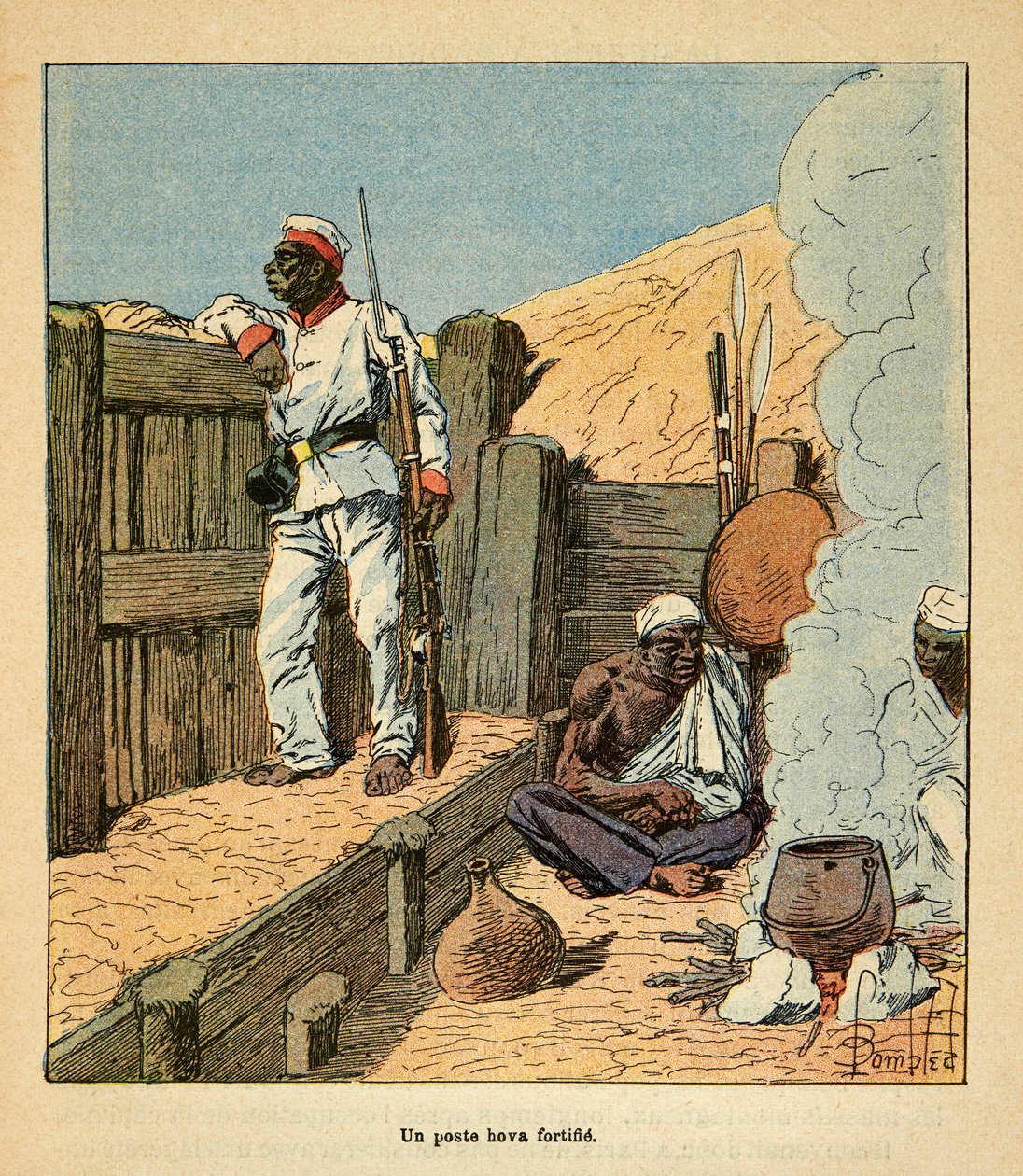 Válka na Madagaskaru – neoficiální historie francouzských expedic 1885-1895 od Henri Galli dit Galllichet (1854-1922), ilustrované Louisem Bombledem (1862-1927): Pošta Hova opevňuje, soukromá sbírka od Louis Charles Bombled