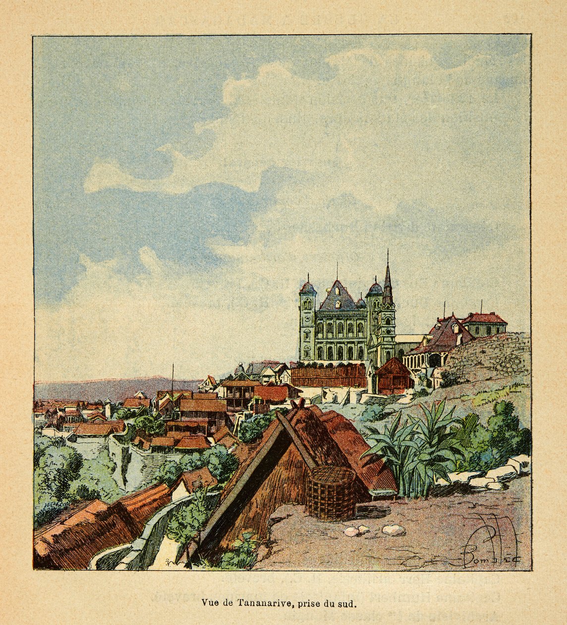 Válka na Madagaskaru - neoficiální historie francouzských expedic 1885-1895 od Henri Galli dit Galllichet (1854-1922), ilustrované Louisem Bombledem (1862-1927): Pohled na Tananarive z jihu v 19. století, soukromá sbírka od Louis Charles Bombled