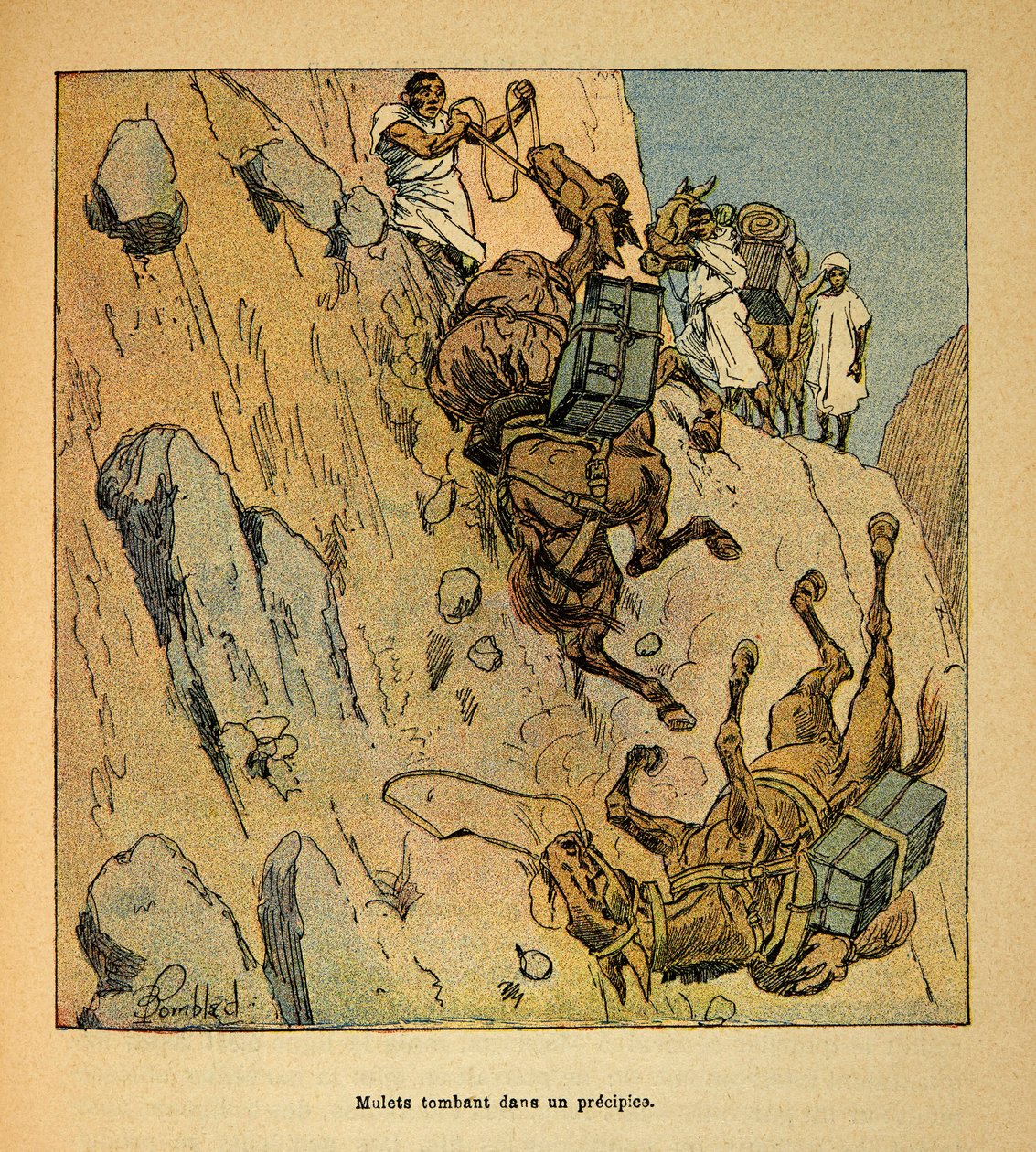 Válka na Madagaskaru - neoficiální historie francouzských expedic 1885-1895 od Henri Galli dit Galllichet (1854-1922), ilustrované Louisem Bombledem (1862-1927): Muleti vojenského konvoje padajícího do propasti, Zvláštní sbírka od Louis Charles Bombled