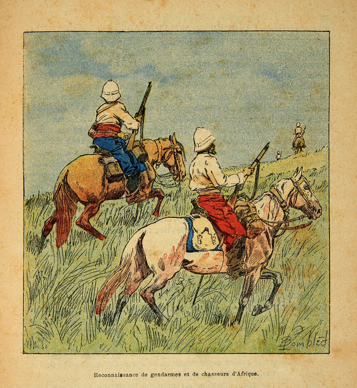 Válka na Madagaskaru - neoficiální historie francouzských expedic 1885-1895 od Henri Galli dit Galllichet (1854-1922), ilustrované Louisem Bombledem (1862-1927): Uznání četníků a lovců z Afriky na Madagaskaru v roce 1895, Soukromá sbírka od Louis Charles Bombled