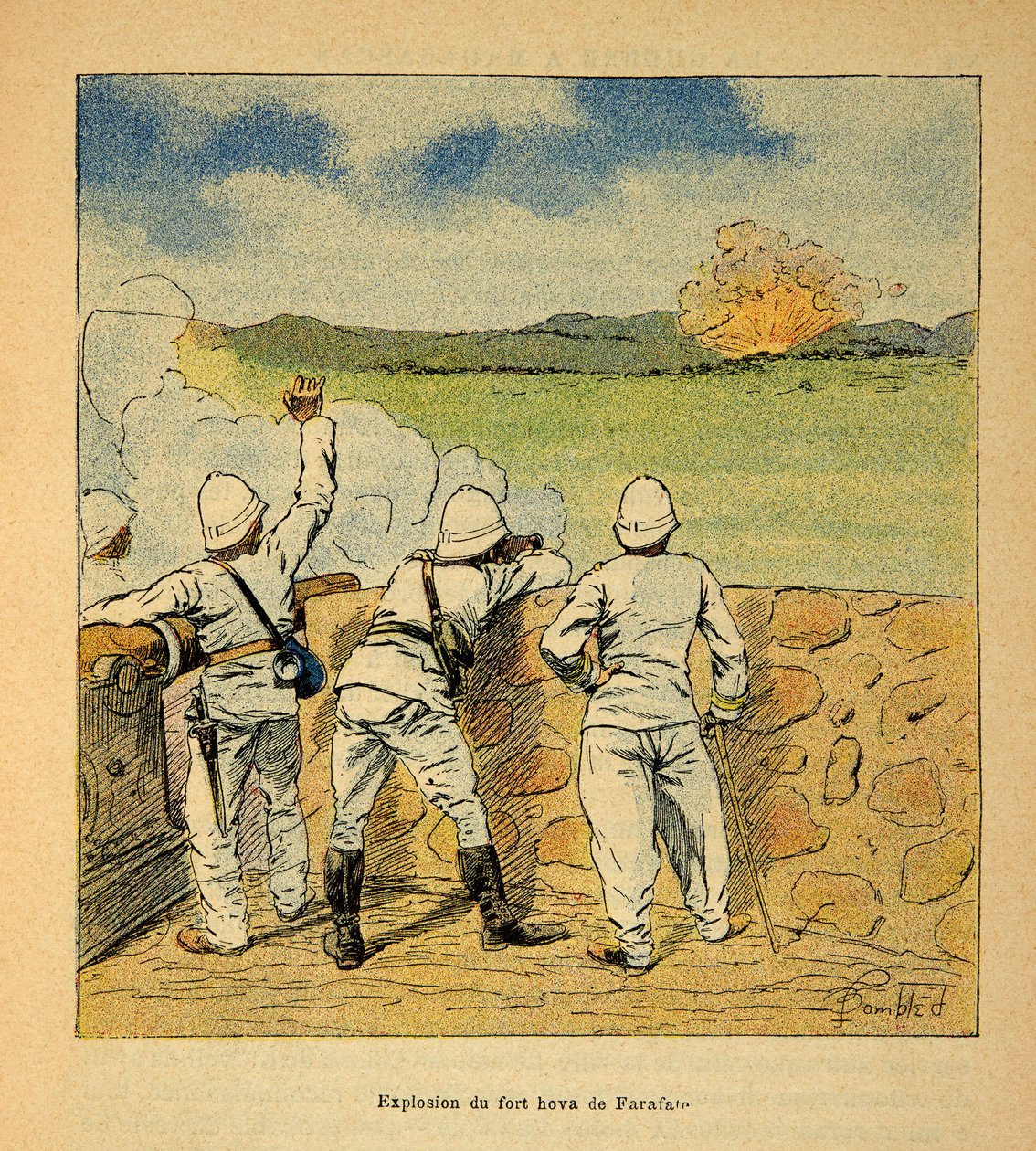 Válka na Madagaskaru-neoficiální historie francouzských expedic 1885-1895 od Henri Galli dit Galllichet (1854-1922), ilustrované Louisem Bombledem (1862-1927): Exploze Fort Hova ve Farafate v roce 1895, soukromá sbírka od Louis Charles Bombled