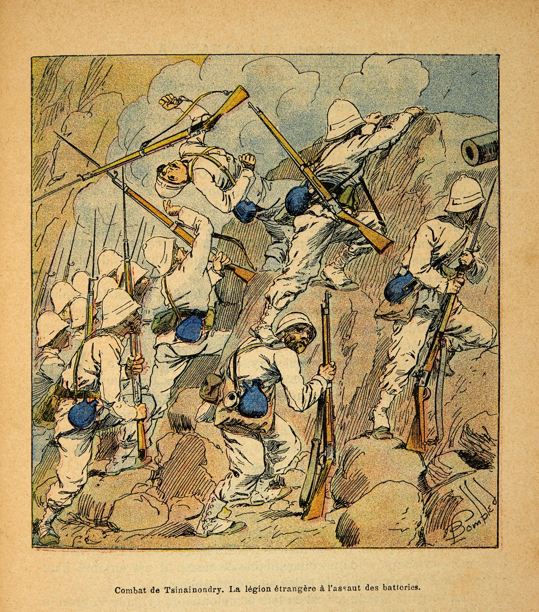 Válka na Madagaskaru - neoficiální historie francouzských expedic 1885-1895 od Henri Galli dit Galllichet (1854-1922), ilustrovaná Louisem Bombledem (1862-1927): Bitva o Tsinainondry, cizinecká legie při útoku na baterie Hovas v roce 1895, Pr od Louis Charles Bombled