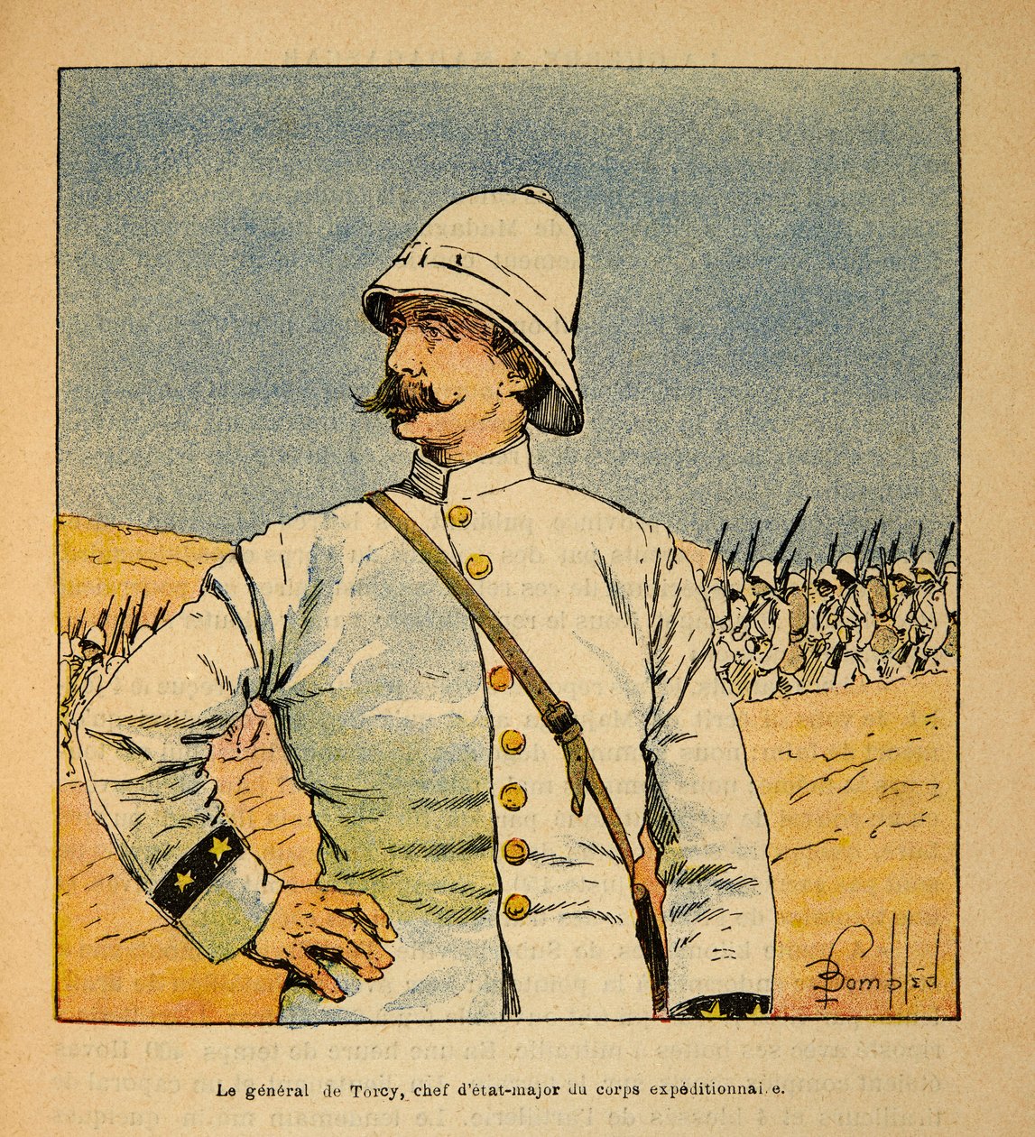 Válka na Madagaskaru-neoficiální historie francouzských expedic 1885-1895 od Henri Galli dit Galllichet (1854-1922), ilustrovaný Louis Bombled (1862-1927): Portrét generála De Torcy (1844-1918), náčelníka štábu expedičního sboru v Madagu od Louis Charles Bombled