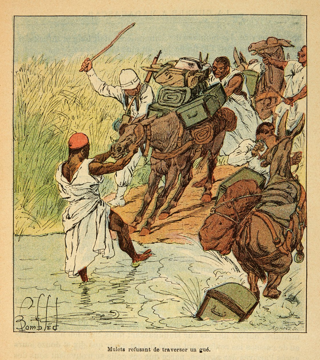 Válka na Madagaskaru - neoficiální historie francouzských expedic 1885-1895 od Henri Galli dit Galllichet (1854-1922), ilustrovaná Louisem Bombledem (1862-1927): Muleti odmítající překročit gue během francouzské expedice na Madagaskar v roce 1895 , vojín C od Louis Charles Bombled