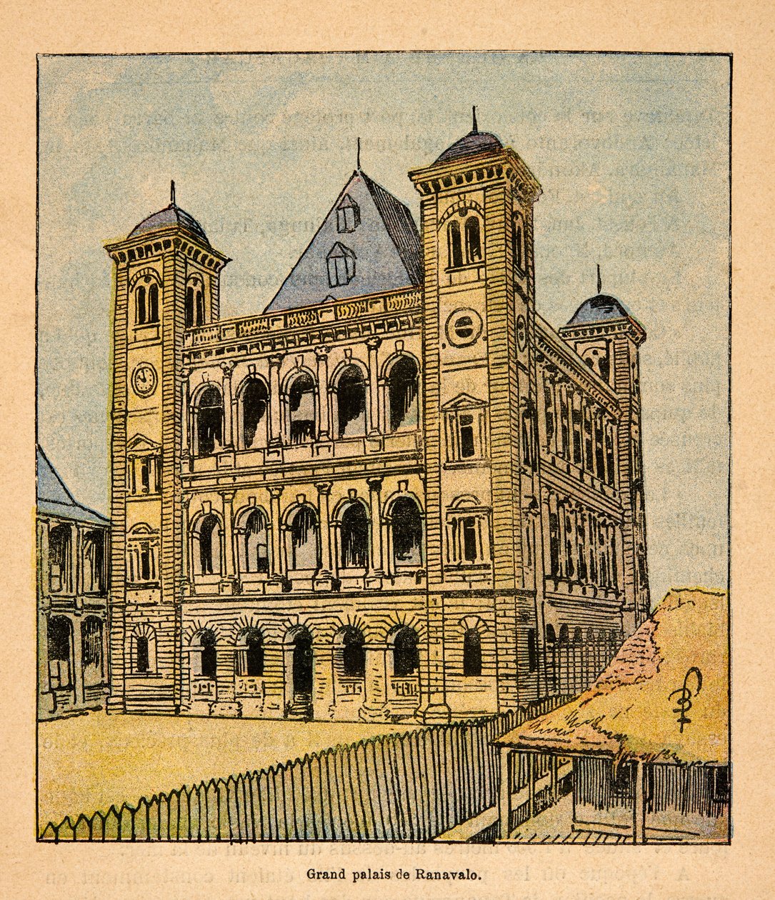 Válka na Madagaskaru - neoficiální historie francouzských expedic 1885-1895 od Henri Galli dit Galllichet (1854-1922), ilustrovaný Louisem Bombledem (1862-1927): Velký palác královny Ranavalony III v Tananarive, soukromá sbírka od Louis Charles Bombled