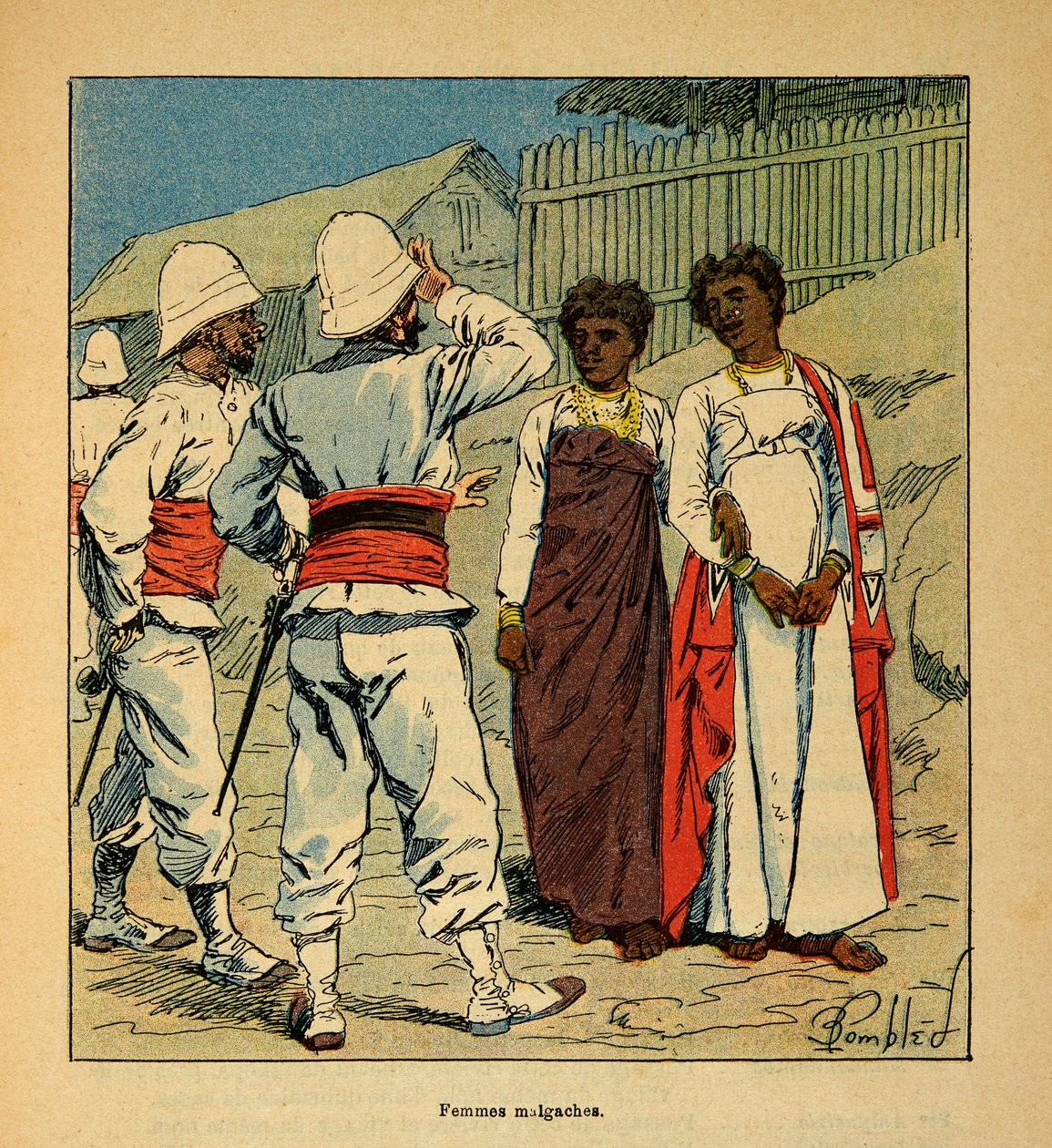 Válka na Madagaskaru – neoficiální historie francouzských expedic 1885-1895 od Henri Galli dit Galllichet (1854-1922), ilustrované Louisem Bombledem (1862-1927): Francouzští vojáci sympatizující s madagaskarskými ženami, soukromá sbírka od Louis Charles Bombled