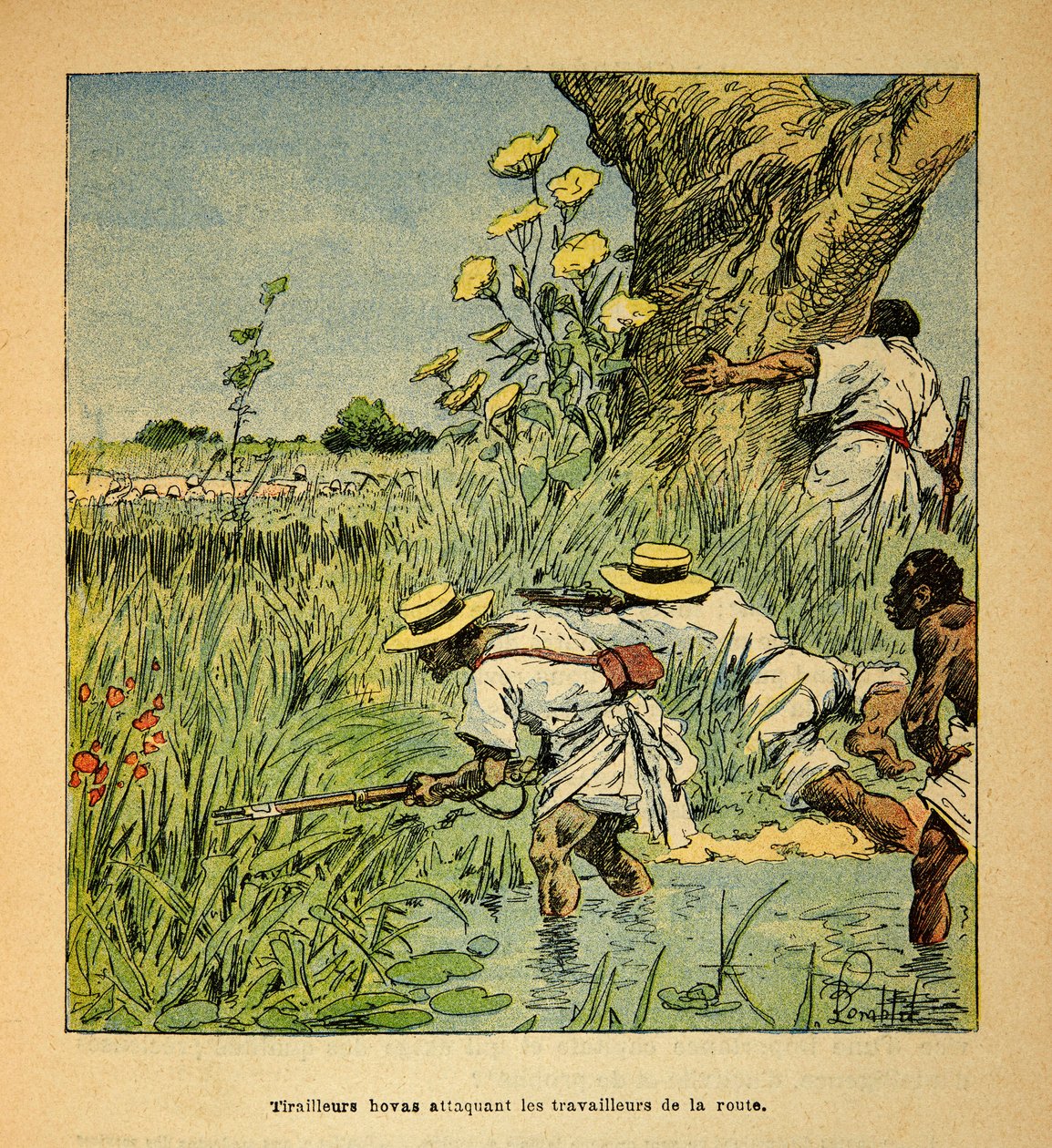 Válka na Madagaskaru – neoficiální historie francouzských expedic v letech 1885-1895 od Henri Galli dit Galllichet (1854-1922), ilustrované Louisem Bombledem (1862-1927): Hovas Tirailleurs útočící na vojenskou budovu a silnici v roce 1895, Soukromá sbírka od Louis Charles Bombled