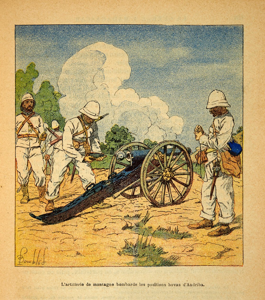 Válka na Madagaskaru - neoficiální historie francouzských expedic 1885-1895 od Henri Galli dit Galllichet (1854-1922), ilustrované Louisem Bombledem (1862-1927): Horské dělostřelectvo bombardovalo pozice Hovas a Andriba v roce 1895, Soukromá sbírka od Louis Charles Bombled