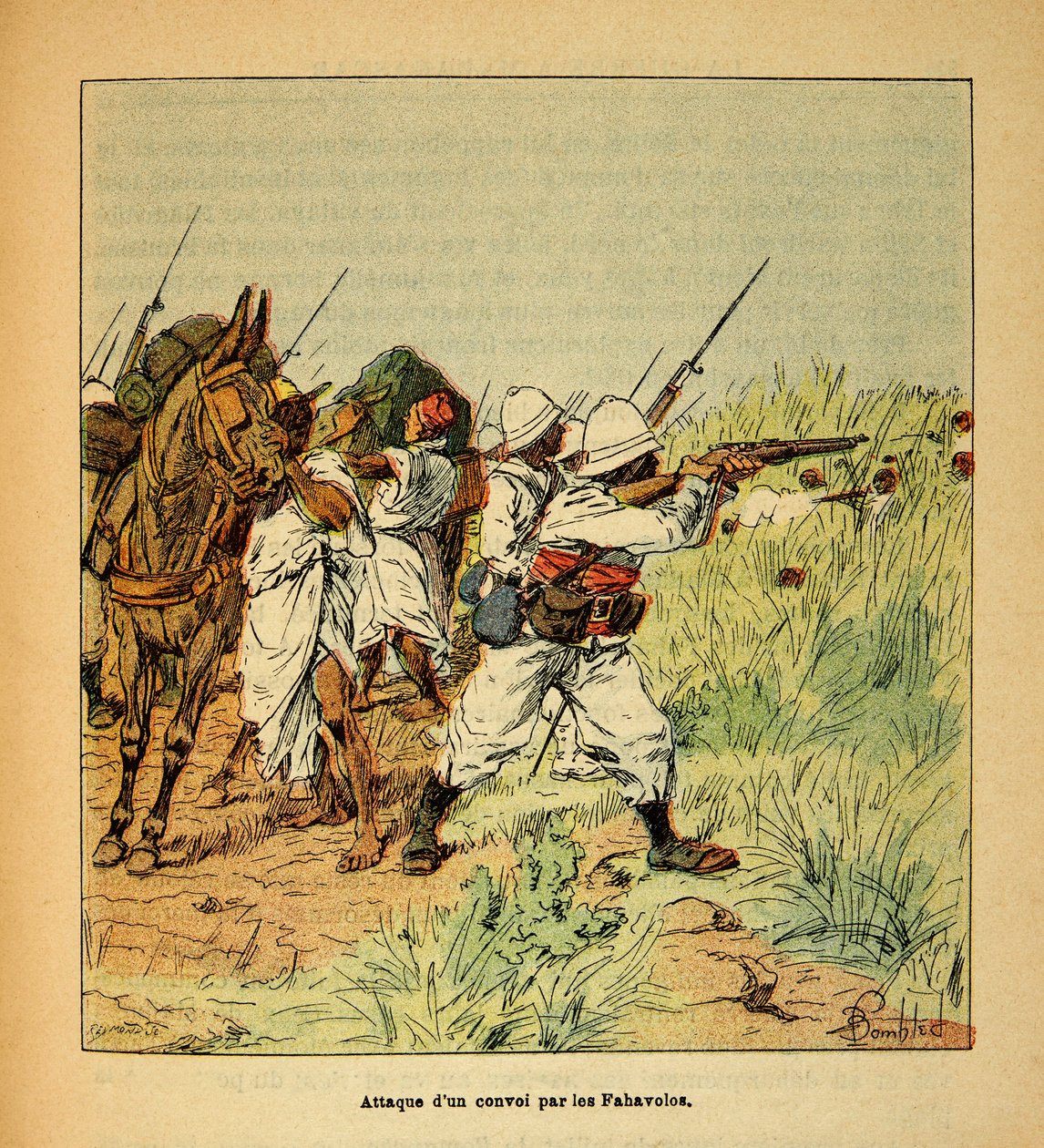 Válka na Madagaskaru – neoficiální historie francouzských expedic z let 1885-1895 od Henri Galli dit Galllichet (1854-1922), ilustrované Louisem Bombledem (1862-1927): Útok vojenského konvoje Fahavolos, soukromá sbírka od Louis Charles Bombled