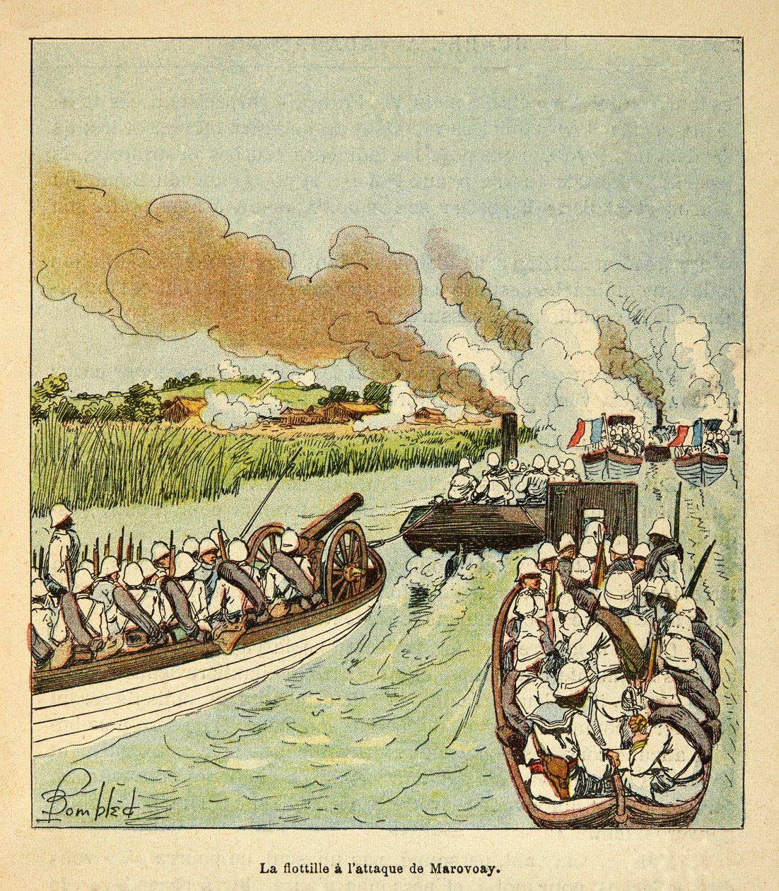 Válka na Madagaskaru - neoficiální historie francouzských expedic 1885-1895 od Henri Galli dit Galllichet (1854-1922), ilustrovaná Louisem Bombledem (1862-1927): Námořní pěchota zaútočila na město Marovoay v roce 1895, Soukromá sbírka od Louis Charles Bombled