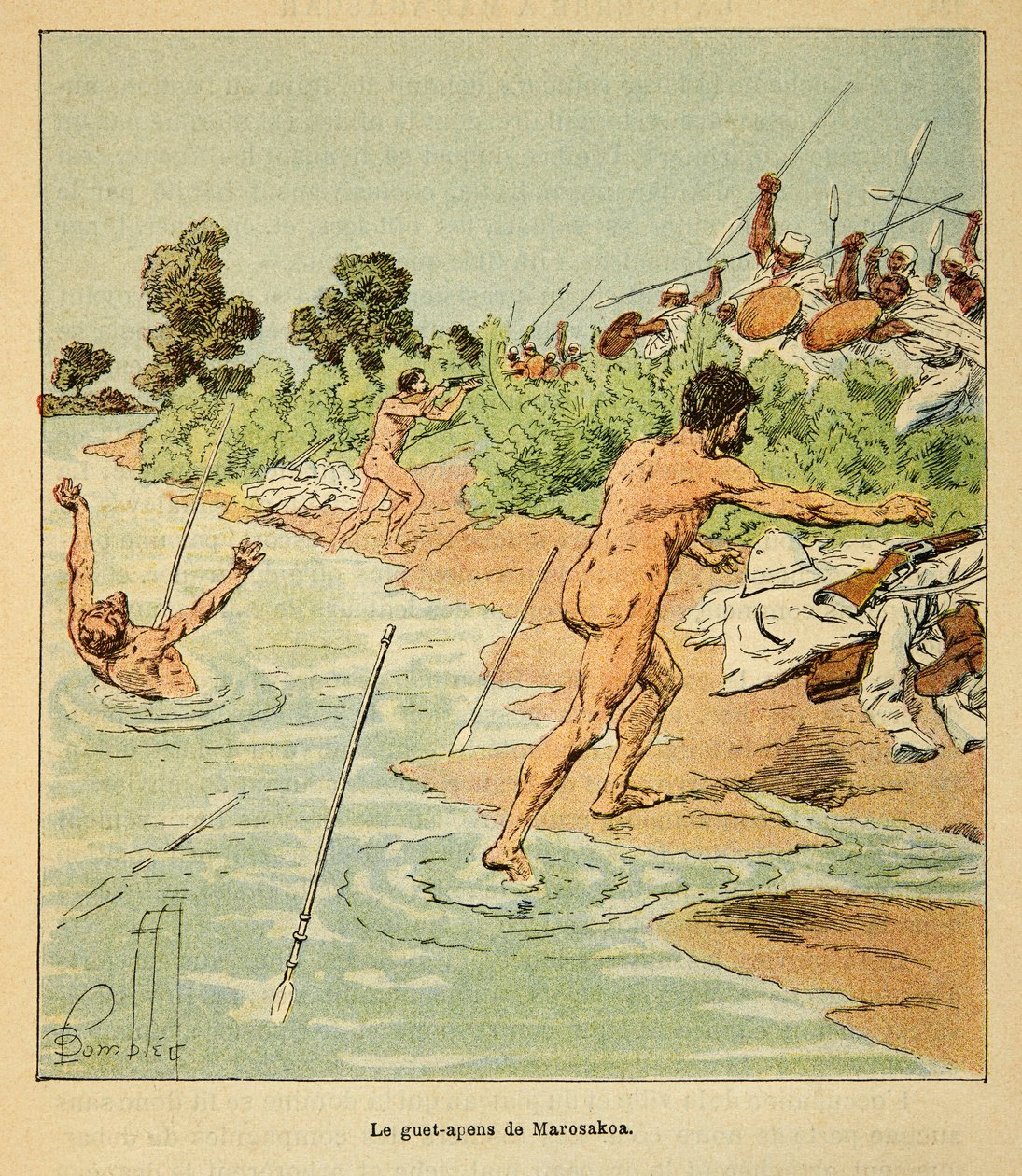 Válka na Madagaskaru – neoficiální historie francouzských expedic z let 1885-1895 od Henri Galli dit Galllichet (1854-1922), ilustrovaná Louisem Bombledem (1862-1927): Sakalaves útočí na francouzské vyjednavače v Marosakoa v roce 1895, Soukromá sbírka od Louis Charles Bombled