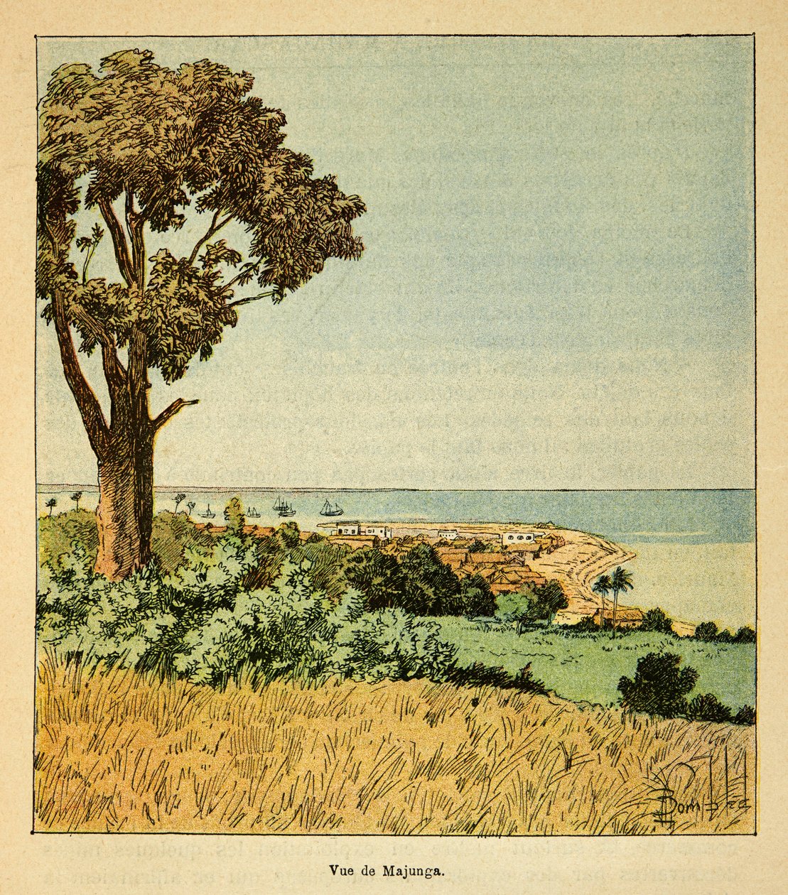 Válka na Madagaskaru - neoficiální historie francouzských expedic 1885-1895 od Henri Galli dit Galllichet (1854-1922), ilustrované Louisem Bombledem (1862-1927): Pohled na město Majunga v Siecle z 19. století, soukromá sbírka od Louis Charles Bombled