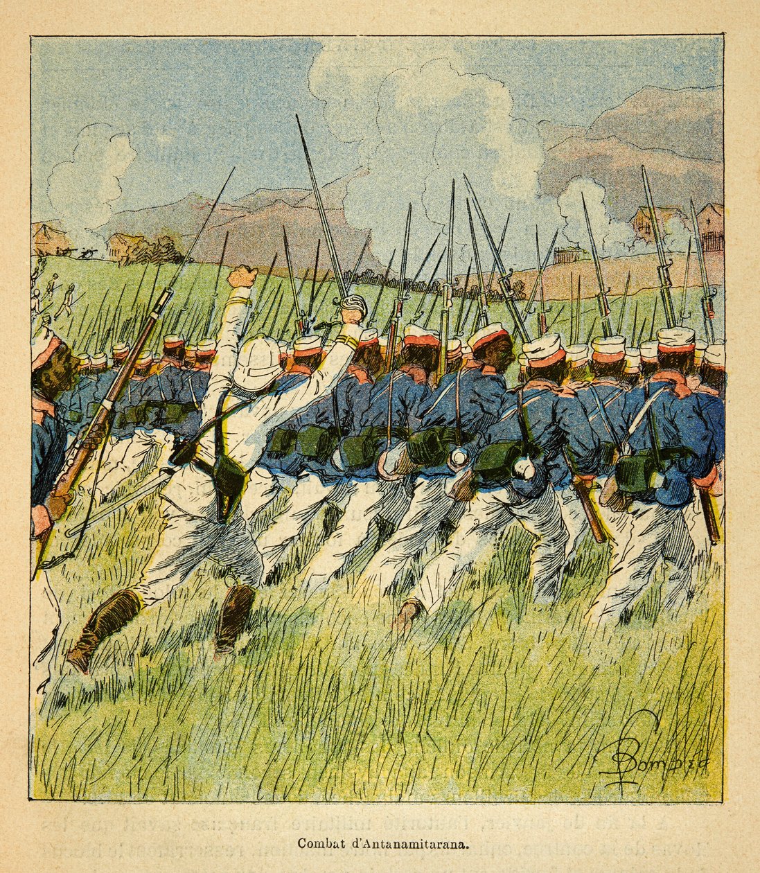 Válka na Madagaskaru-neoficiální historie francouzských expedic 1885-1895 od Henri Galli dit Galllichet (1854-1922), ilustrované Louisem Bombledem (1862-1927): Francouzské jednotky během bitev Antanamitarana v roce 1895, soukromá sbírka od Louis Charles Bombled