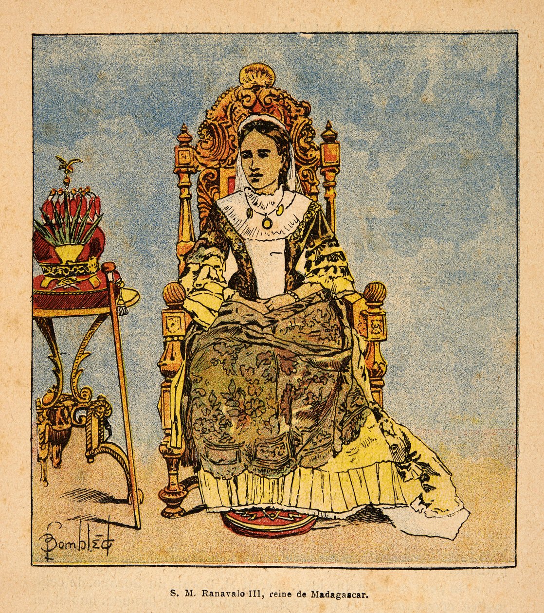 Válka na Madagaskaru – neoficiální historie francouzských expedic z let 1885-1895 od Henri Galli dit Galllichet (1854-1922), ilustrované Louisem Bombledem (1862-1927): Portrét královny Ranavalony III (1861-1917) královny Madagaskaru, Soukromá sbírka od Louis Charles Bombled