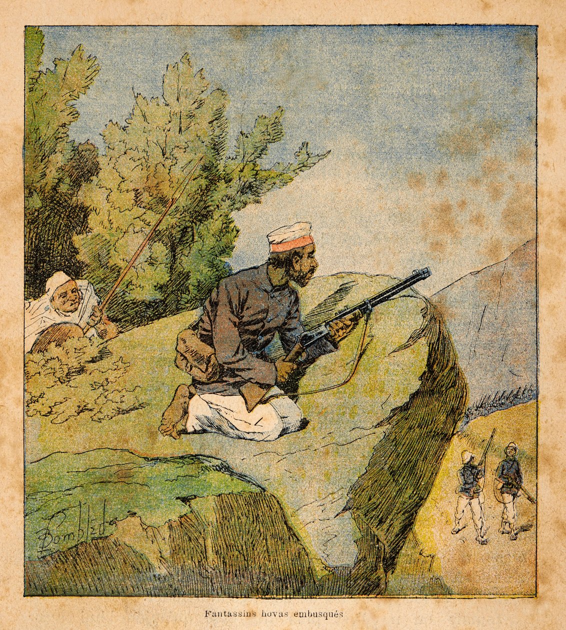 Válka na Madagaskaru - neoficiální historie francouzských expedic 1885-1895 od Henri Galli dit Galllichet (1854-1922), ilustrované Louisem Bombledem (1862-1927): Hovas Ambushes, Soukromá sbírka od Louis Charles Bombled