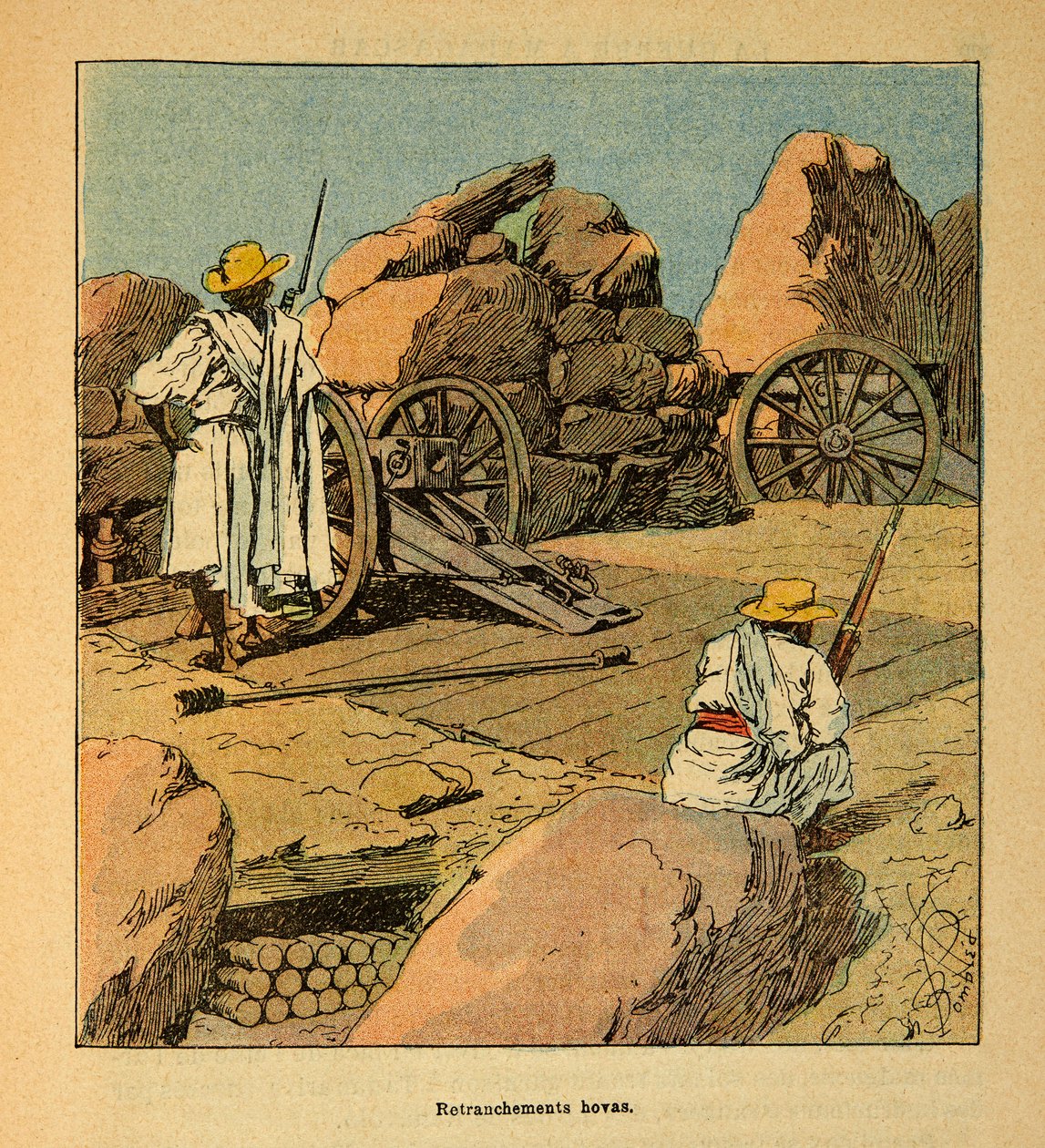Válka na Madagaskaru – neoficiální historie francouzských expedic v letech 1885-1895 od Henri Galli dit Galllichet (1854-1922), ilustrované Louisem Bombledem (1862-1927): Stažení Hovasových jednotek v roce 1895 v Tananarive, Soukromá sbírka od Louis Charles Bombled