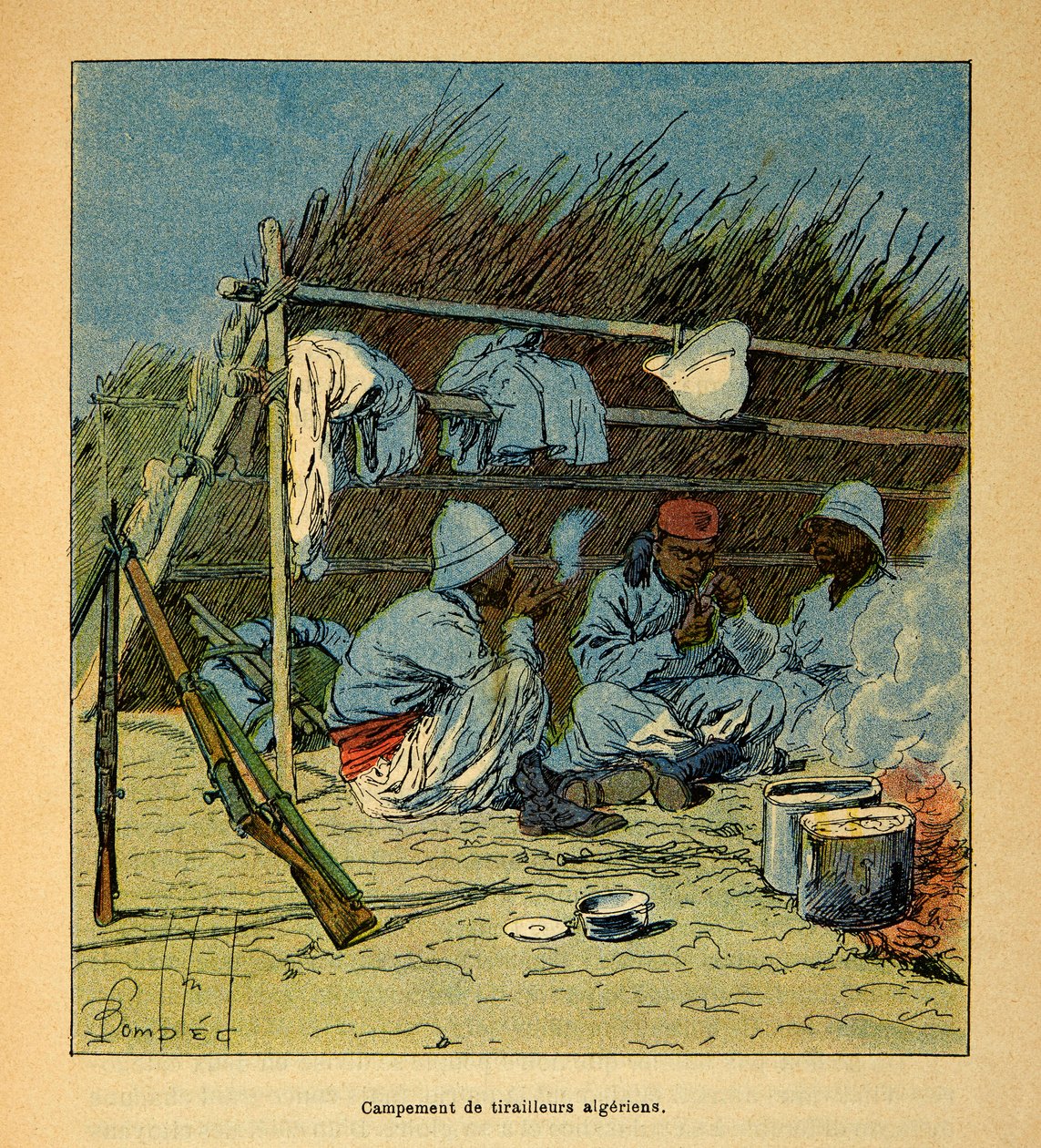 Válka na Madagaskaru - neoficiální historie francouzských expedic 1885-1895 od Henri Galli dit Galllichet (1854-1922), ilustrované Louisem Bombledem (1862-1927): Tábor Alžířanů na Madagaskaru v roce 1895, Soukromá sbírka od Louis Charles Bombled