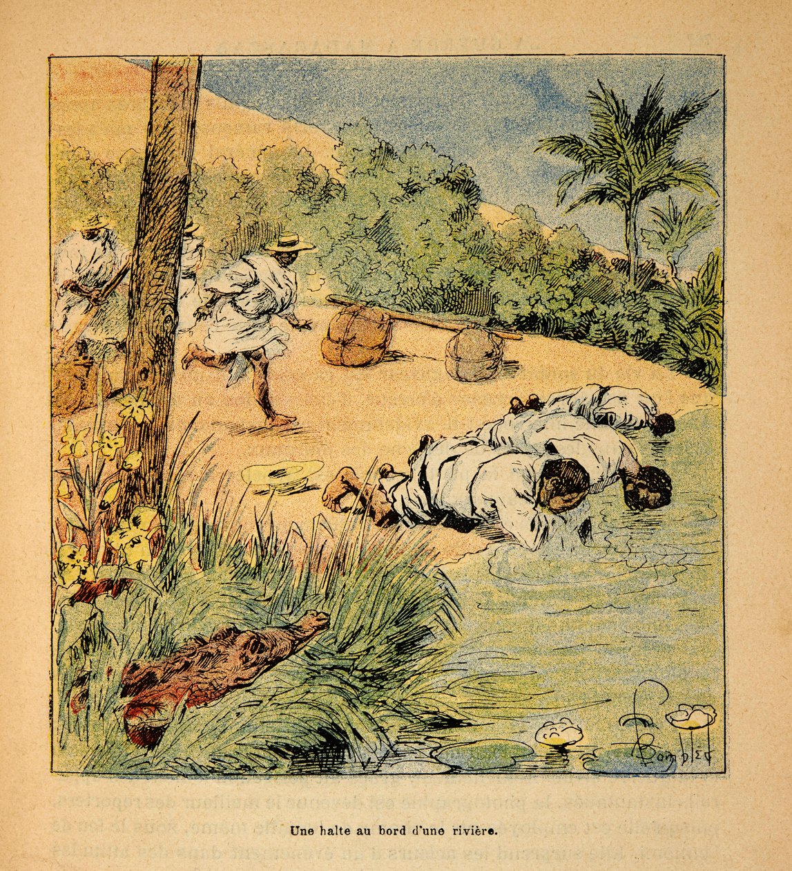 Válka na Madagaskaru - neoficiální historie francouzských expedic 1885-1895 od Henri Galli dit Galllichet (1854-1922), ilustrovaný Louisem Bombledem (1862-1927): Zastávka u řeky v roce 1895, soukromá sbírka od Louis Charles Bombled