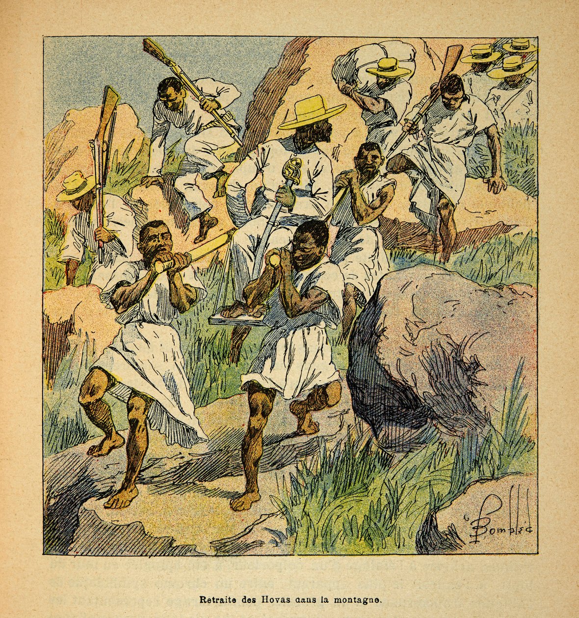 Válka na Madagaskaru - neoficiální historie francouzských expedic 1885-1895 od Henri Galli dit Galllichet (1854-1922), ilustrované Louisem Bombledem (1862-1927): Ústup Hovasových vojsk v horách, soukromá sbírka od Louis Charles Bombled