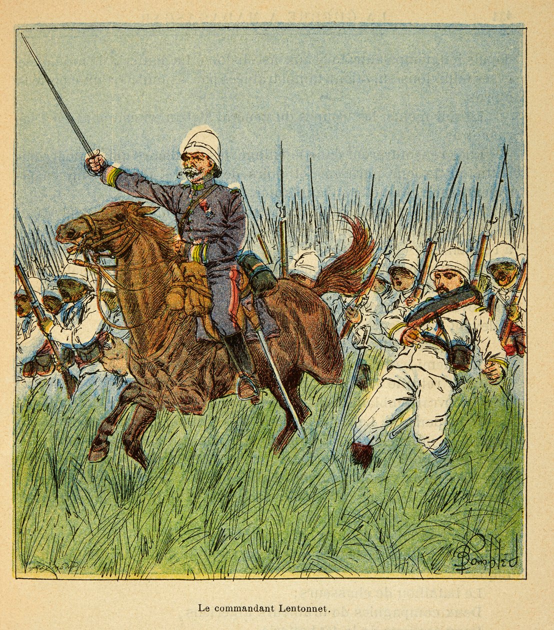Válka na Madagaskaru-neoficiální historie francouzských expedic 1885-1895 od Henri Galli dit Galllichet (1854-1922), ilustrovaná Louisem Bombledem (1862-1927): Velitel Lentonnet (1840-1896) s francouzskými jednotkami během obrana Tsarasaotry od Louis Charles Bombled