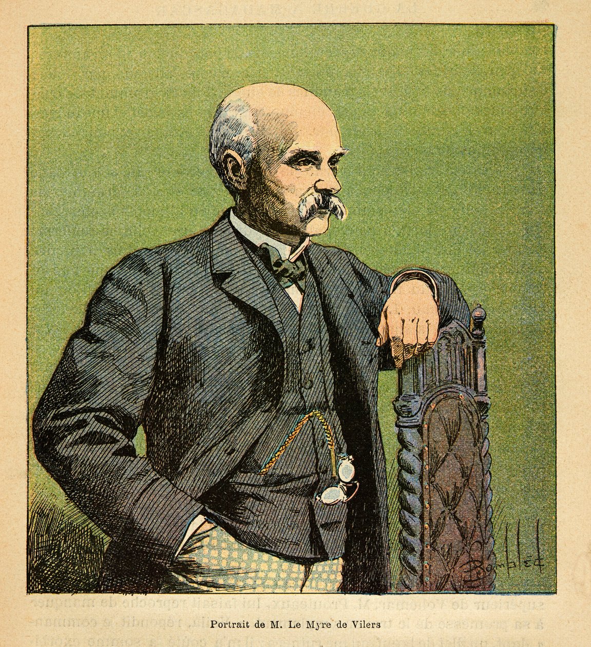 Válka na Madagaskaru-neoficiální historie francouzských expedic 1885-1895 od Henri Galli dit Galllichet (1854-1922), ilustrovaný Louis Bombled (1862-1927): Portrét M. Le Myre de Vilers (1833-1918) Resident generál na Madagaskaru v roce 1886, vojín od Louis Charles Bombled