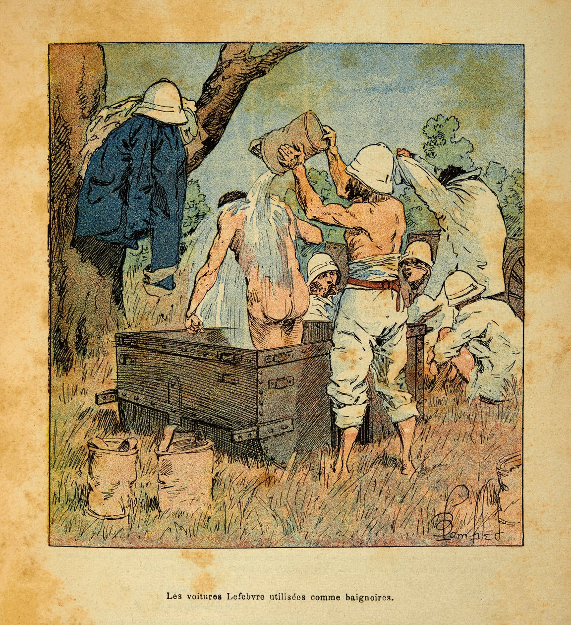 Válka na Madagaskaru - neoficiální historie francouzských expedic 1885-1895 od Henri Galli dit Galllichet (1854-1922), ilustrované Louisem Bombledem (1862-1927): Vozy Lefebvre používané jako vana vojáky v roce 1895 na Madagaskaru, Soukromá sbírka od Louis Charles Bombled