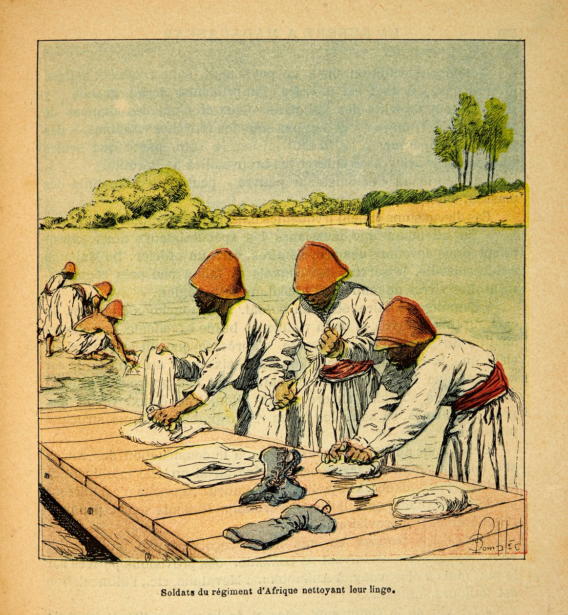 Válka na Madagaskaru - neoficiální historie francouzských expedic 1885-1895 od Henri Galli dit Galllichet (1854-1922), ilustrovaná Louisem Bombledem (1862-1927): Vojáci afrického pluku čistí prádlo na břehu řeky na Madagasce od Louis Charles Bombled