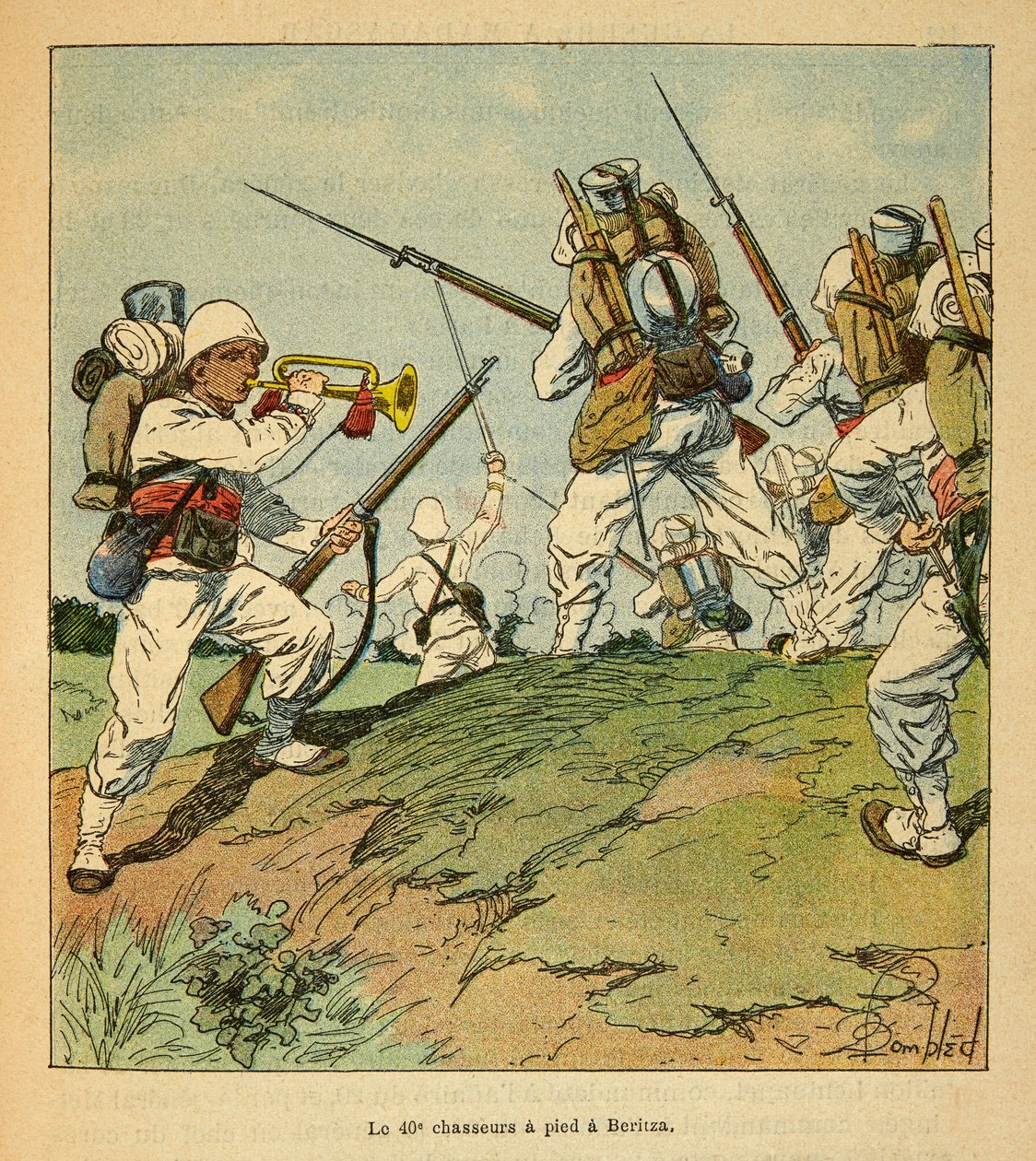 Válka na Madagaskaru - neoficiální historie francouzských expedic 1885-1895 od Henri Galli dit Galllichet (1854-1922), ilustrované Louisem Bombledem (1862-1927): 40. pěší lovci během bojů v Beritze v roce 1895, vojín Sbírka od Louis Charles Bombled