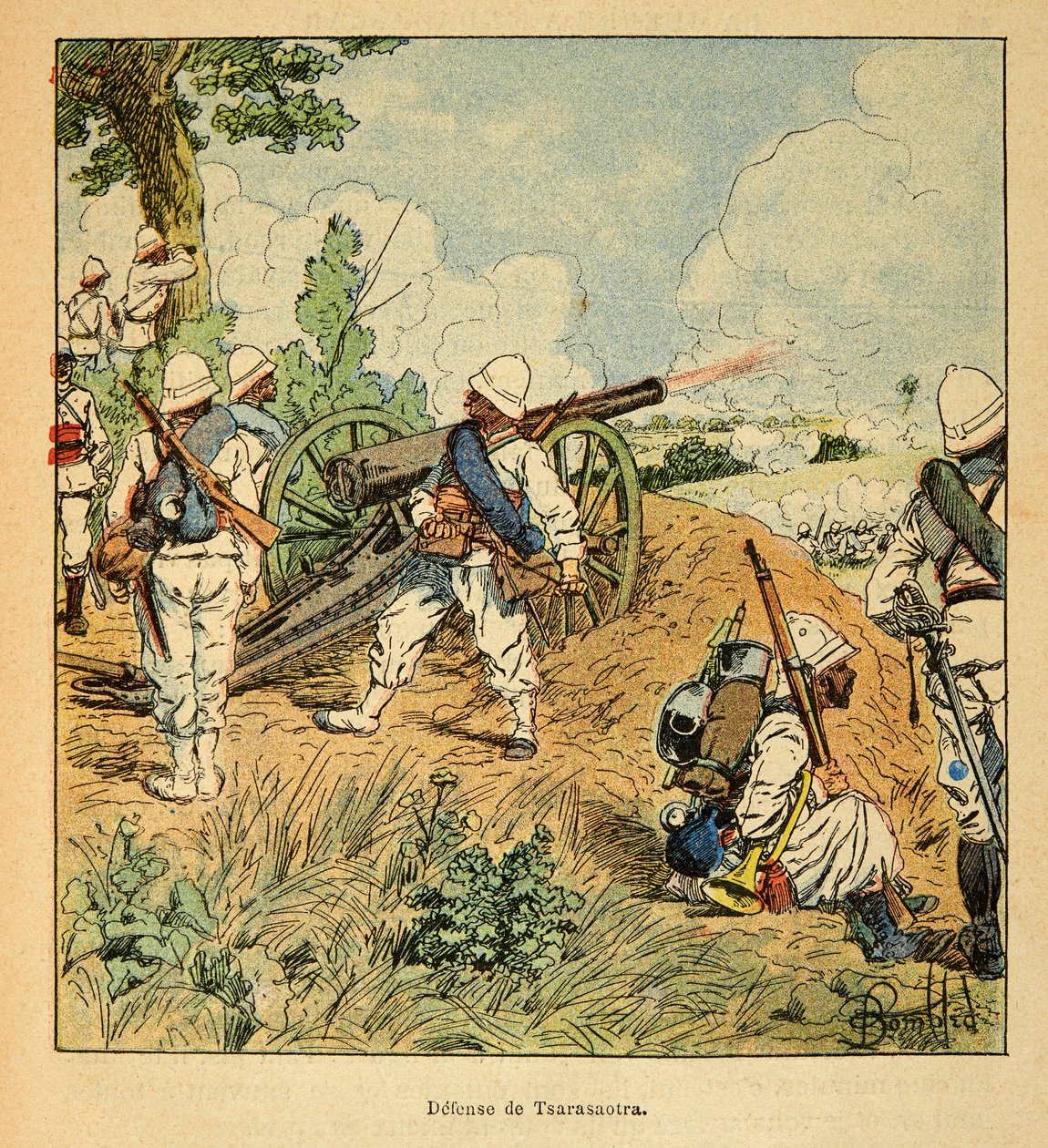 Válka na Madagaskaru - neoficiální historie francouzských expedic 1885-1895 od Henri Galli dit Galllichet (1854-1922), ilustrovaný Louis Bombled (1862-1927): Obrana Tsarasaotry v roce 1895, soukromá sbírka od Louis Charles Bombled