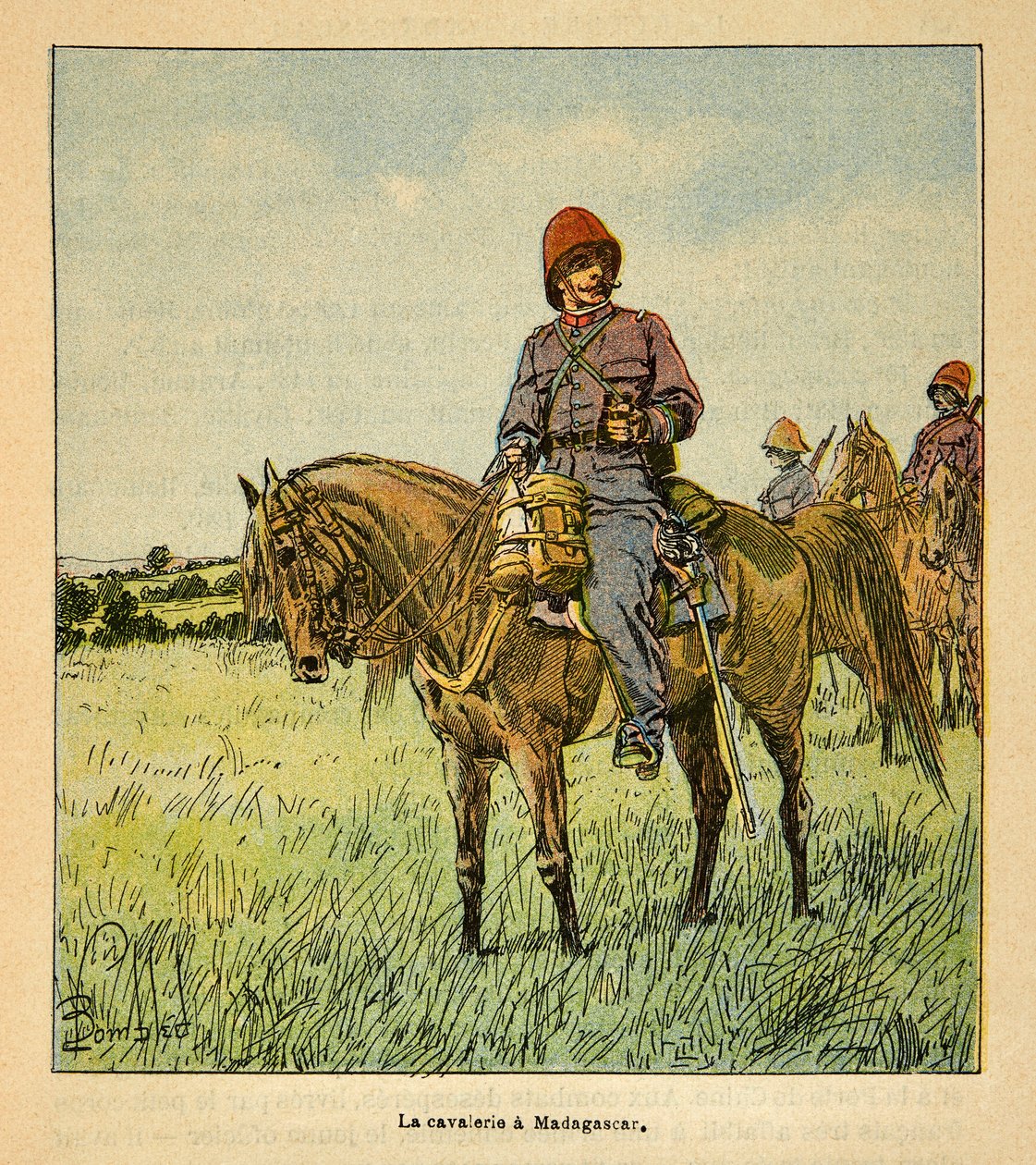 Válka na Madagaskaru – neoficiální historie francouzských expedic v letech 1885-1895 od Henri Galli dit Galllichet (1854-1922), ilustrované Louisem Bombledem (1862-1927): La cavalerie francaise à Madagascar, Collection Partial od Louis Charles Bombled