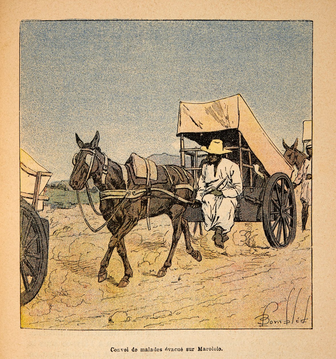Válka na Madagaskaru - neoficiální historie francouzských expedic 1885-1895 od Henri Galli dit Galllichet (1854-1922), ilustrované Louisem Bombledem (1862-1927): Convoy of Sick Escapes on Marololo, Soukromá sbírka od Louis Charles Bombled