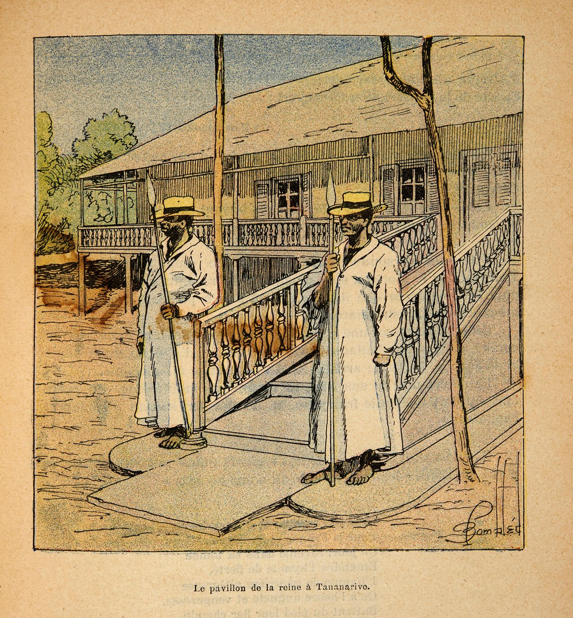Válka na Madagaskaru – neoficiální historie francouzských expedic 1885-1895 od Henri Galli dit Galllichet (1854-1922), ilustrovaný Louisem Bombledem (1862-1927): Pavilon královny Ranavalony v Tananarivu v roce 1895, soukromá sbírka od Louis Charles Bombled