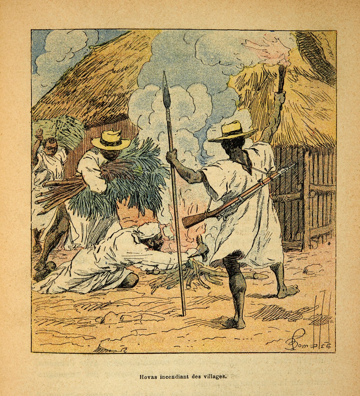 Válka na Madagaskaru - neoficiální historie francouzských expedic 1885-1895 od Henri Galli dit Galllichet (1854-1922), ilustrované Louisem Bombledem (1862-1927): Hovas hořící vesnice, soukromá sbírka od Louis Charles Bombled