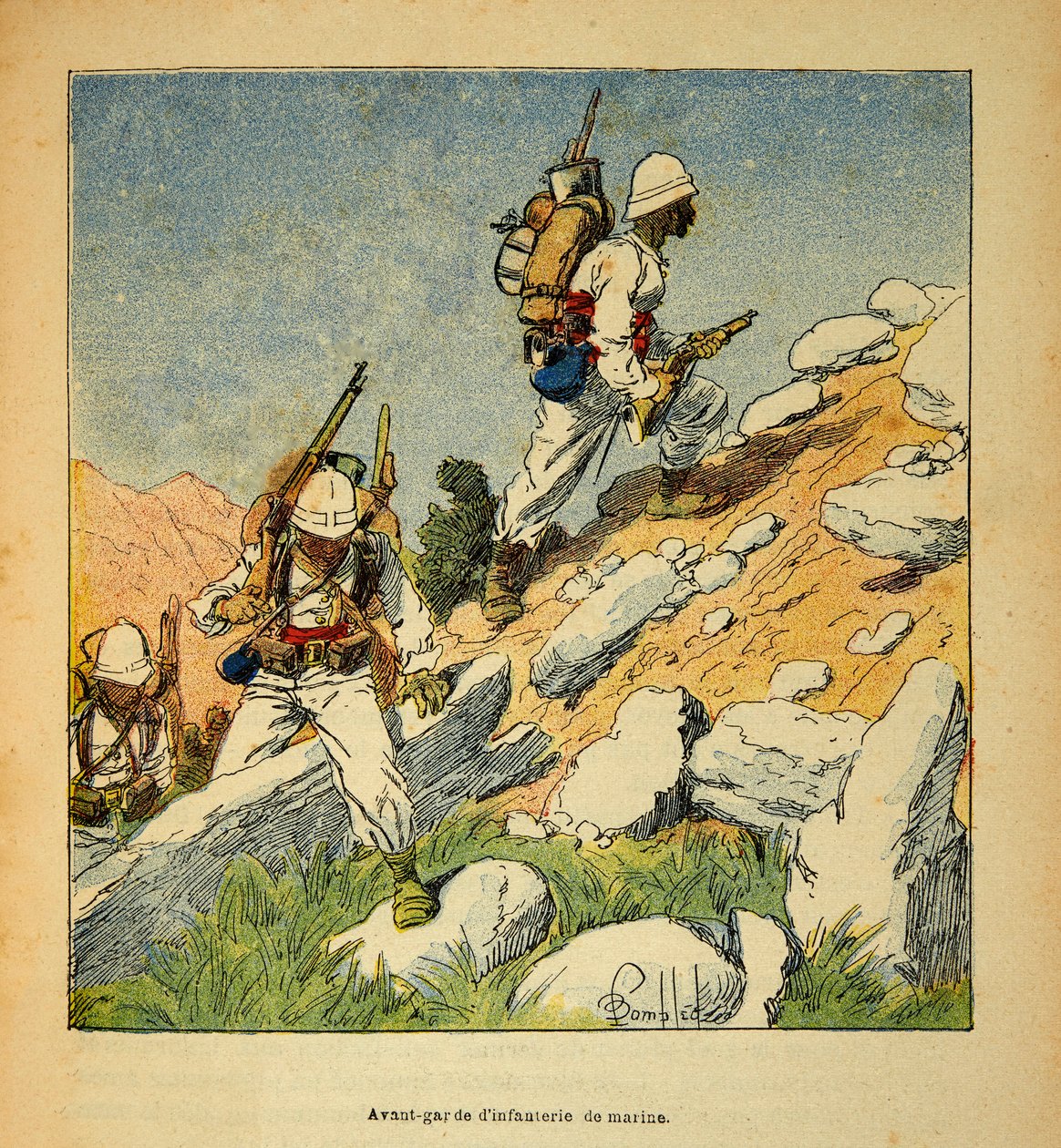 Válka na Madagaskaru - neoficiální historie francouzských expedic 1885-1895 od Henri Galli dit Galllichet (1854-1922), ilustrované Louisem Bombledem (1862-1927): Avantgarda pěchoty na Madagaskaru v roce 1895, Soukromá sbírka od Louis Charles Bombled
