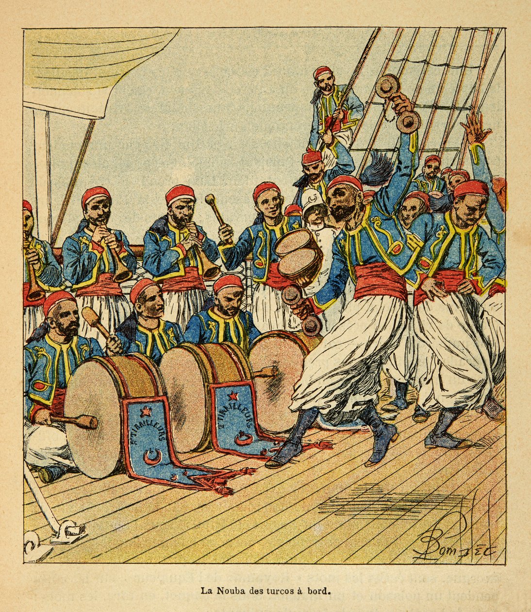 Válka na Madagaskaru – neoficiální historie francouzských expedic v letech 1885-1895 od Henri Galli dit Galllichet (1854-1922), ilustrované Louisem Bombledem (1862-1927): Devět Turků na palubě lodi plující na Madagaskar, soukromá sbírka od Louis Charles Bombled