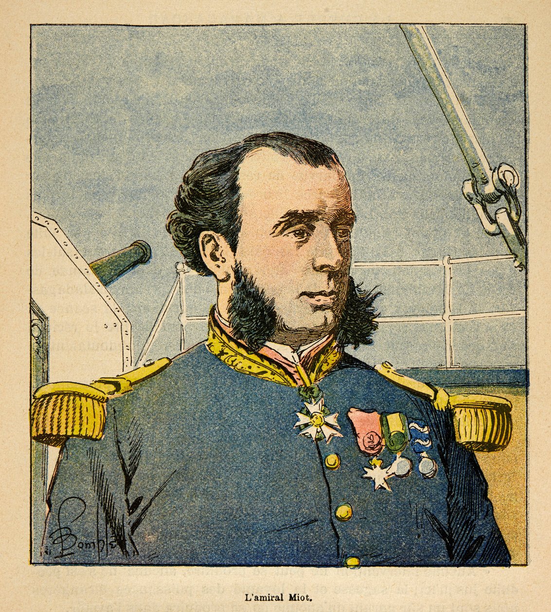 Válka na Madagaskaru-neoficiální historie francouzských expedic 1885-1895 od Henri Galli dit Galllichet (1854-1922), ilustroval Louis Bombled (1862-1927): Portrét admirála Paula Emile Miota (1827-1900), soukromá sbírka od Louis Charles Bombled