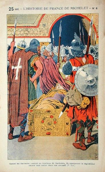 Nález mumifikovaného těla císaře Justiniána (483-565) během dobytí Konstantinopole křižáky v roce 1204, ilustrace z „Histoire de France“ od Julese Micheleta (1798-1874) kolem roku 1900 (barevné litho) od Louis Charles Bombled