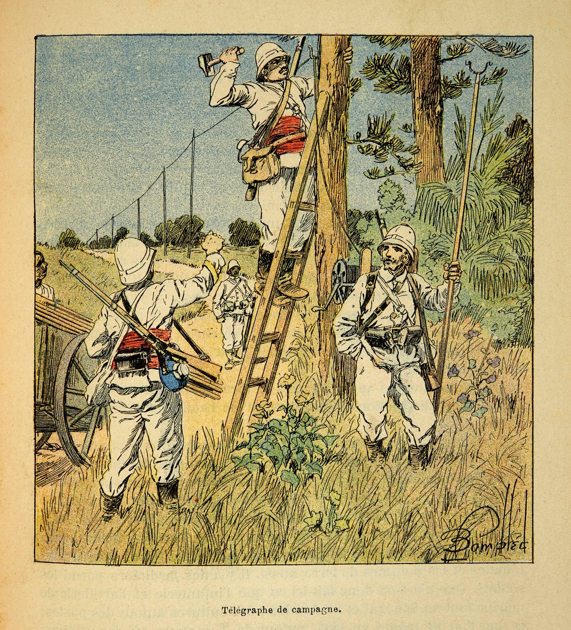 Válka na Madagaskaru - neoficiální historie francouzských expedic 1885-1895 Henri Galli dit Galllichet (1854-1922), ilustrovaný Louisem Bombledem (1862-1927): Implementace telegrafu kampaně armádou na Madagaskaru v roce 1895, Private kol od Louis Charles Bombled