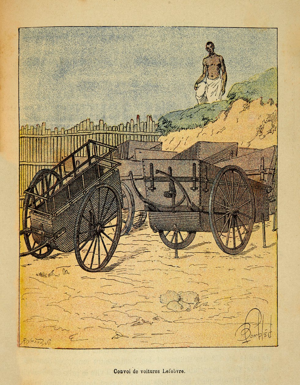 Válka na Madagaskaru-neoficiální historie francouzských expedic 1885-1895 Henri Galli dit Galllichet (1854-1922), ilustrovaný Louisem Bombledem (1862-1927): Konvoj automobilů, které Lefebvre používá pro zásobování vojáků, Soukromá sbírka od Louis Charles Bombled