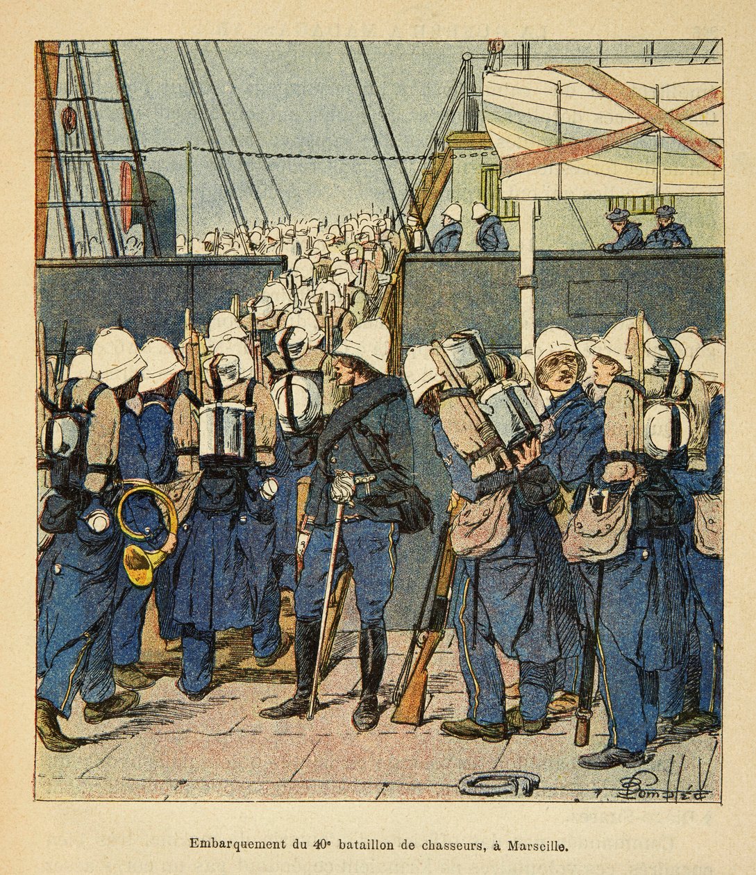 Válka na Madagaskaru – neoficiální historie francouzských výprav 1885-1895 Henri Galli dit Galllichet (1854-1922), ilustrovaný Louisem Bombledem (1862-1927): Nalodění 40. stíhacího praporu v Marseille pro Madasgaskar, v roce 1895 colle od Louis Charles Bombled