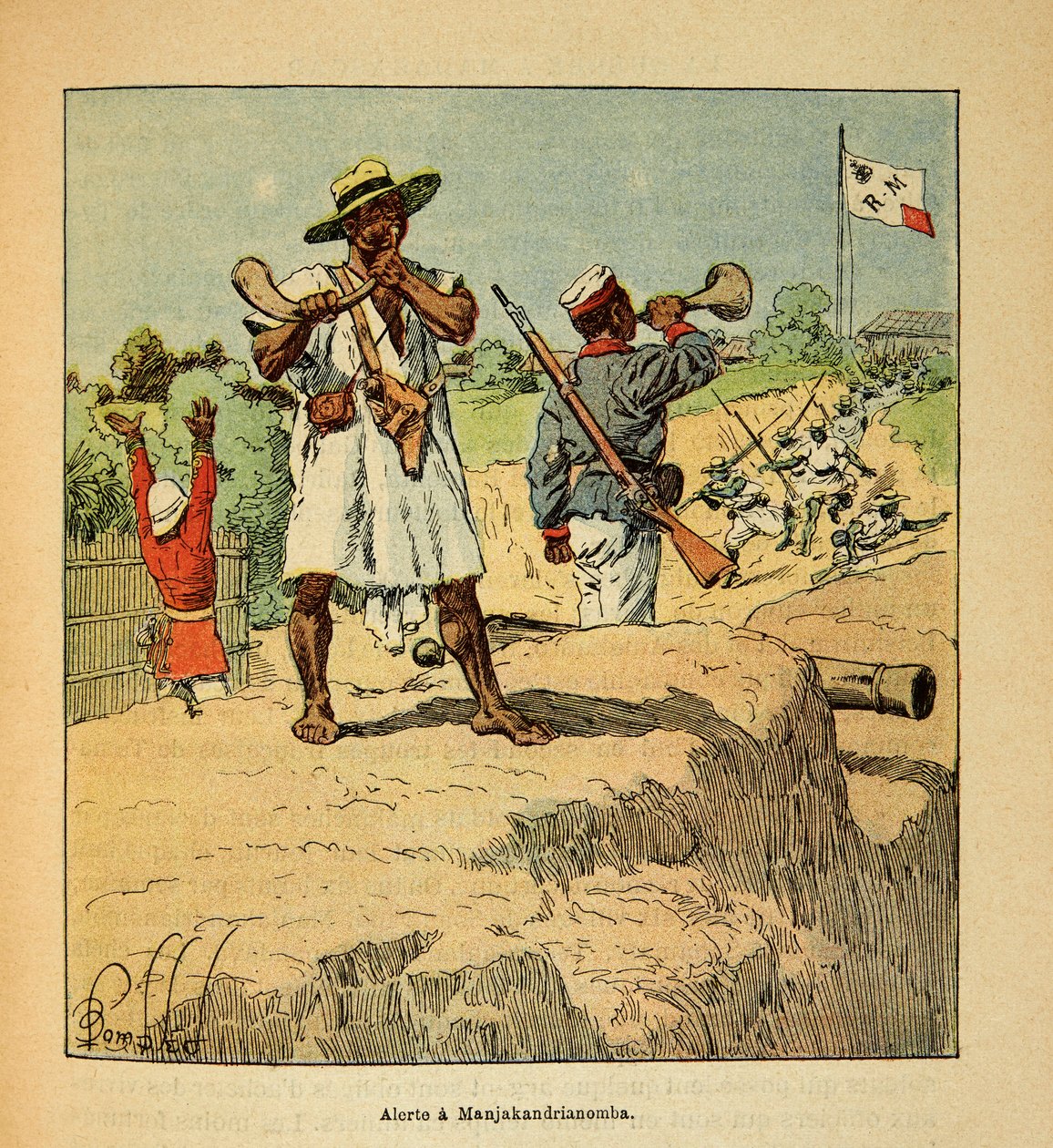 Válka v Madagaskaru-neoficiální historie francouzských expedic 1885-1895 Henri Galli dit Galllichet (1854-1922), ilustrovaný Louisem Bombledem (1862-1927): Madagaskarské jednotky v pohotovosti v Manjakandrianombě při příjezdu francouzských jednotek v roce  od Louis Charles Bombled