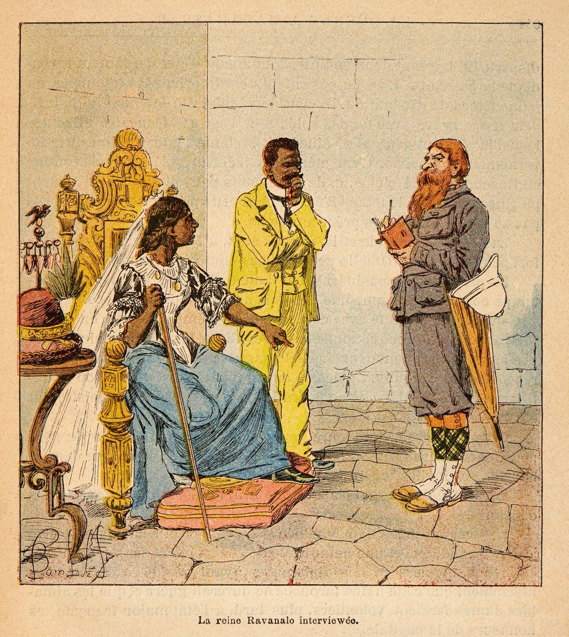 Válka v Madagaskaru – neoficiální historie francouzských expedic v letech 1885–1895 od Henri Galli dit Galllichet (1854–1922), ilustrovaná Louisem Bombledem (1862–1927): anglický novinář vedl rozhovor s královnou Ravanalo v roce 1895 za přítomnosti své hla od Louis Charles Bombled
